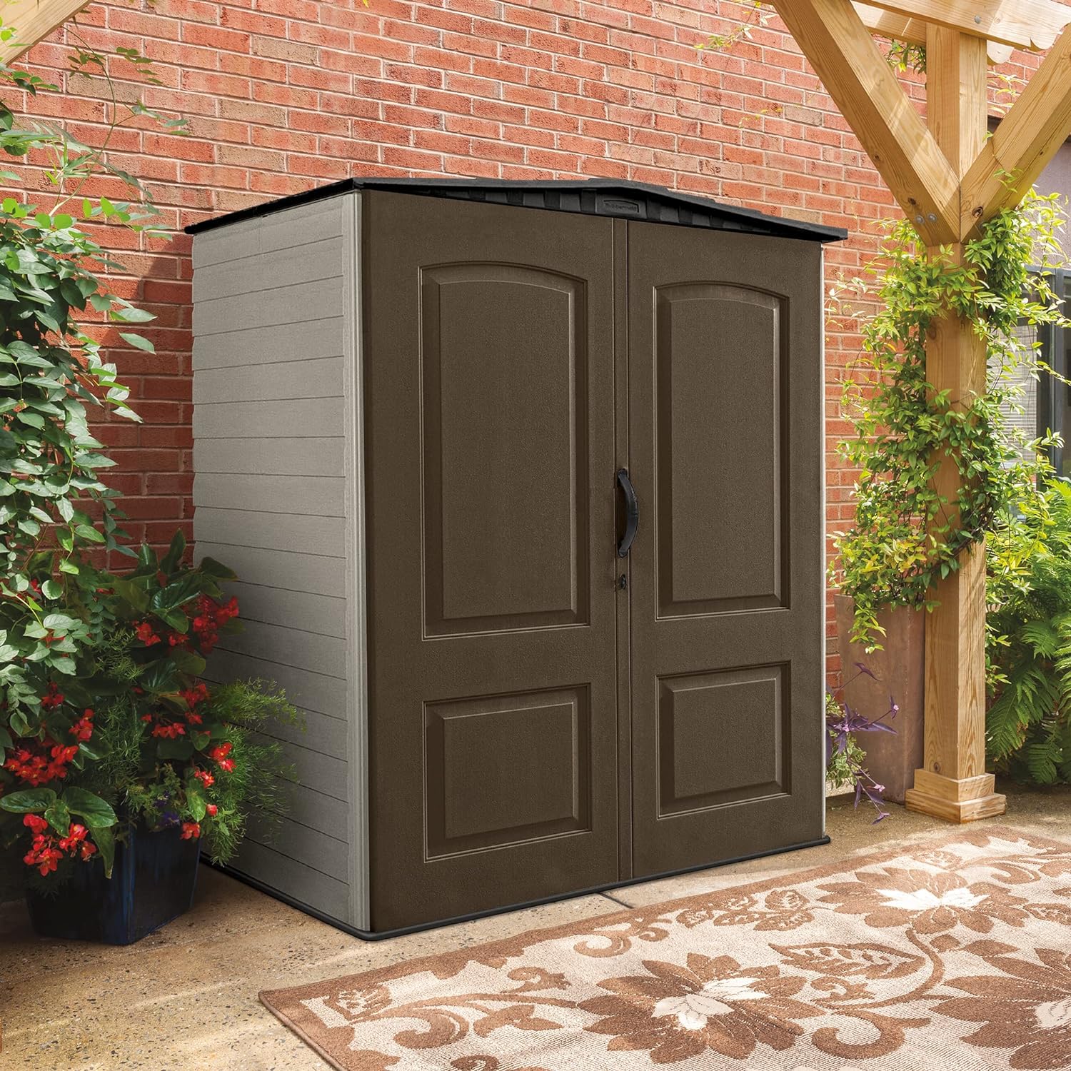 Rubbermaid Medium Vertical Resin Outdoor Storage Shed With Floor (5 x 4 Ft), Weather Resistant, Brown, Organization for Home/Backyard/Pool/Garden/Lawn Tools