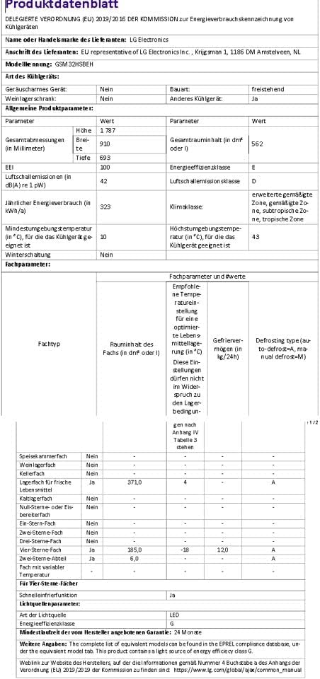LG GSM32HSBEH, Class E, 562 L, Side-by-Side Refrigerator, Total No Frost, Ice, Crushed Ice and Water Dispenser, Water Tank, Express Cooling, 91.0 x 69.3 x 178.6 cm, Silver [Energy Class E]