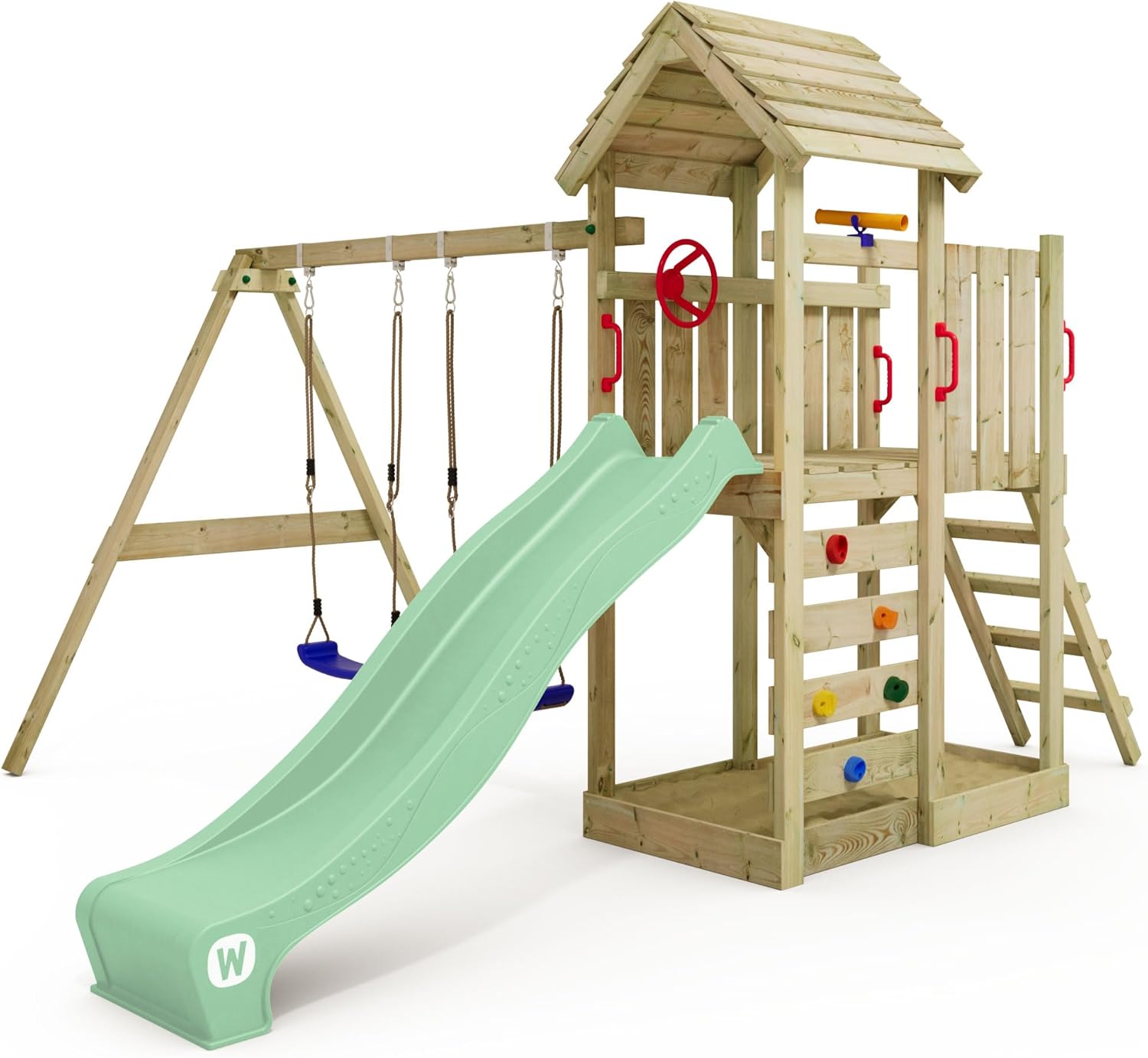WICKEY MultiFlyer Play Tower Climbing Frame Wooden Roof with Swing and Green Slide, Climbing Tower with Wooden Roof, Sandpit, Ladder and Play Accessories