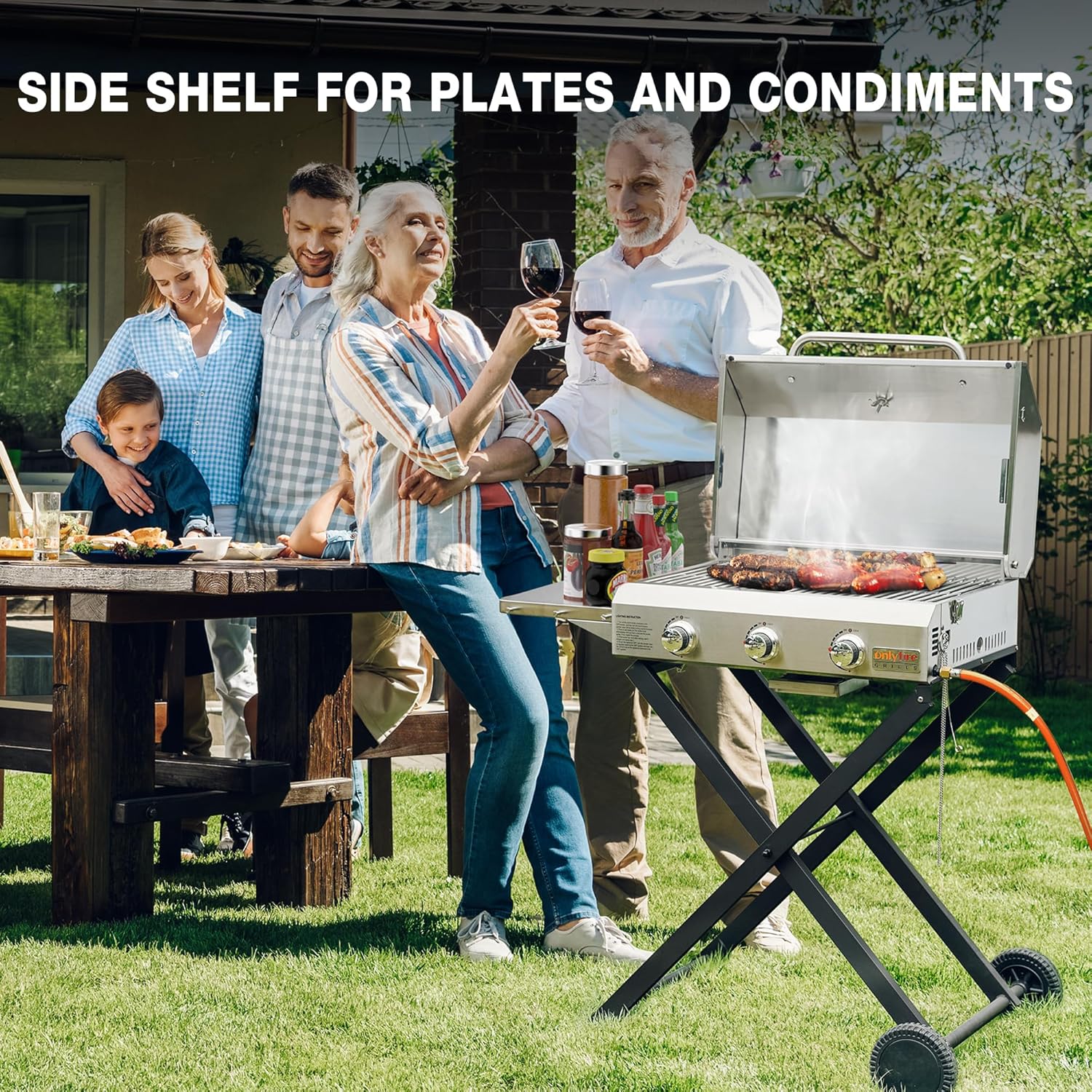 Onlyfire 3 Burner Gas Grill Trolley BBQ Gas Grill with Grill Grate 7 kW Grill Surface 56.5 x 34 cm with Side Tables, Foldable Trolley Wheels, Thermometer for Outdoor Camping Balcony Garden