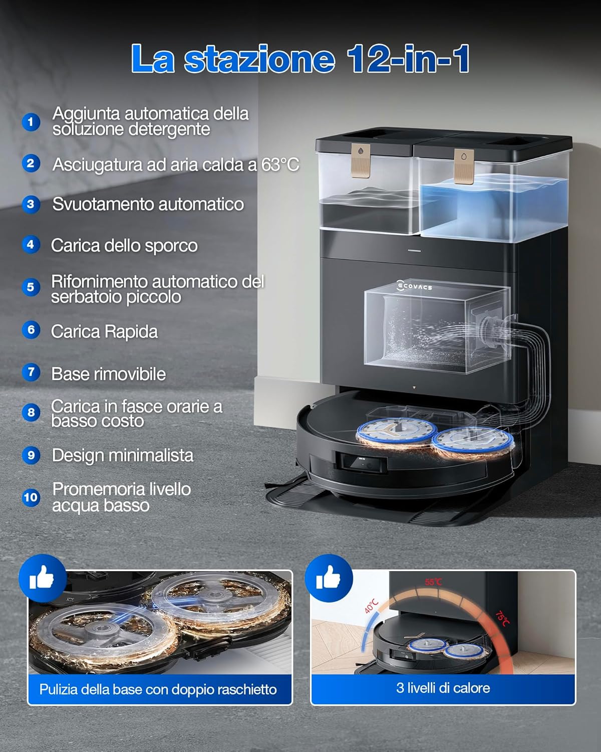 ECOVACS DEEBOT T50 MAX PRO OMNI Robot Aspirapolvere Lavapavimenti, 18.500Pa, ZeroTangle 2.0, Pulizia Profonda Tappeti, Spazzola Laterale Estendibile e Straccio, Lavaggio Automatico Acqua Calda 40-75℃