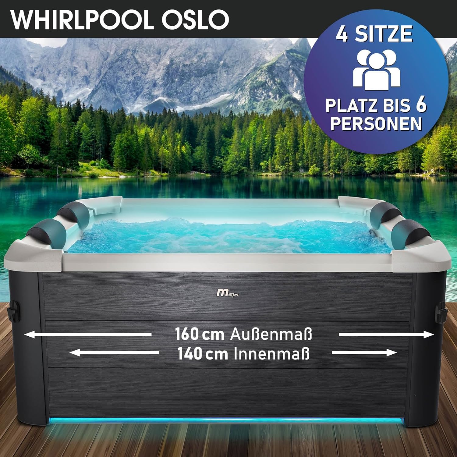 BRAST® Whirlpool MSpa Oslo with Fixed Outdoor Wall LED Lighting with 20 Adjustable Colours for 6 People 160 x 160 x 65 cm 120 Massage Jets All Year Round Use Winterproof Indoor & Outdoor Pool