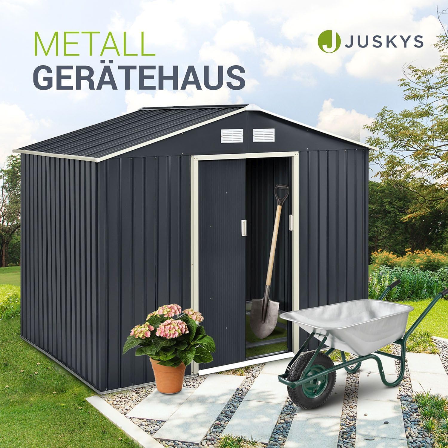 Juskys 9m³ Metal Tool Shed with Sloped Roof, Sliding Door and Foundation - 277×191×192cm - Tool Shed Garden Shed Tool Shed