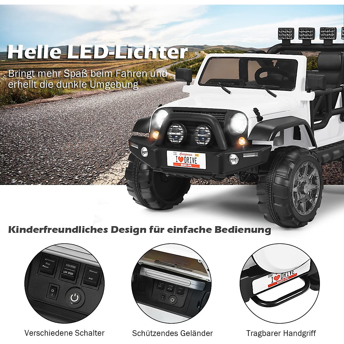 Elektroauto Jeep 2 Sitzer mit 3 Geschwindigkeiten wei