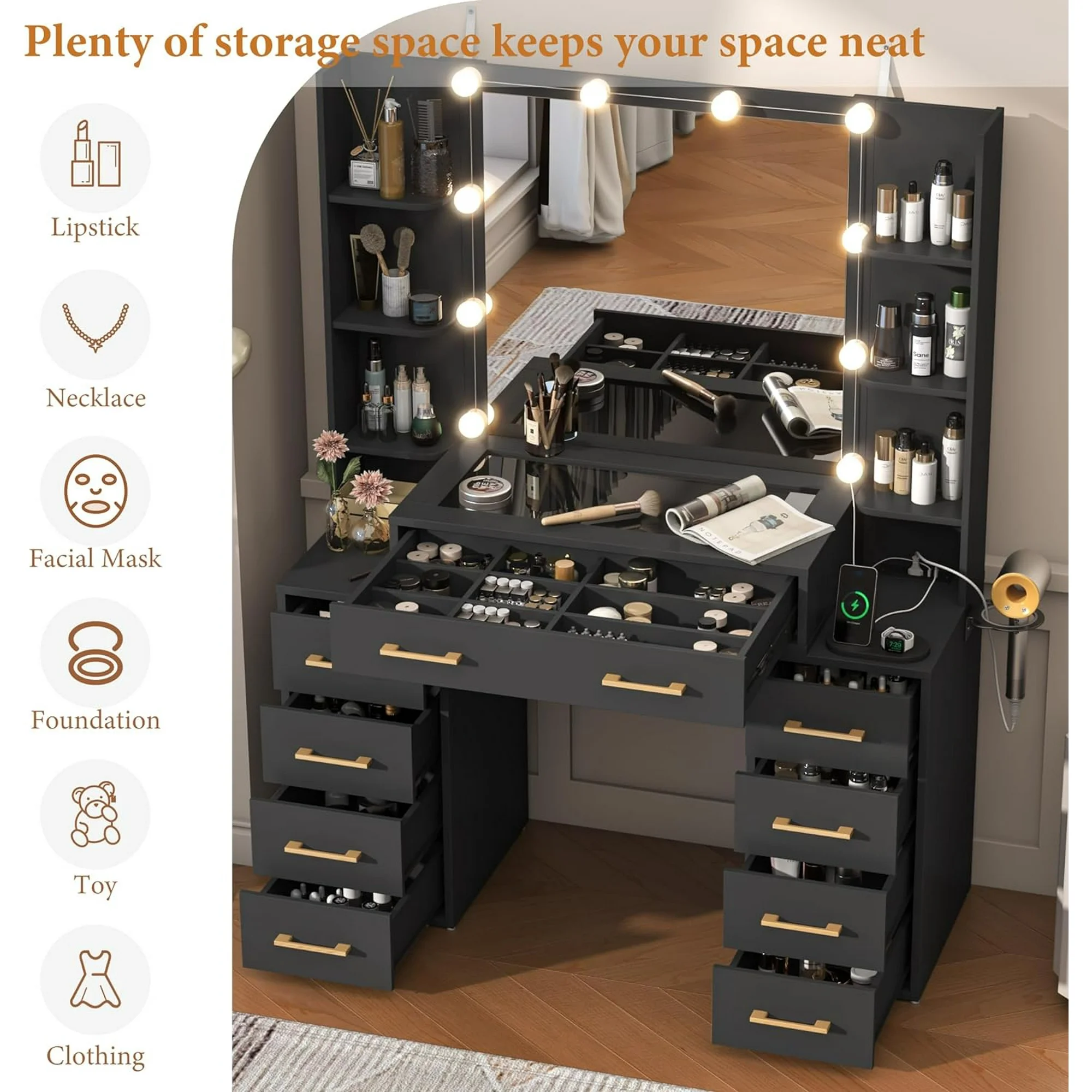 Black Vanity Desk with Mirror & LED Lights, Glass Top Vanity Desk with Charging Station & Compartment Storage Drawers, 43