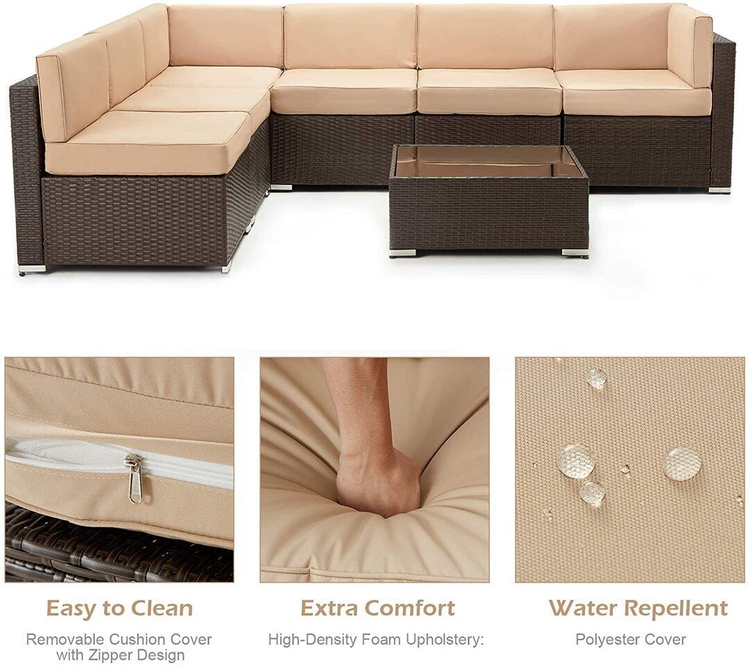 7 Piece Outdoor Patio Furniture Set, PE Rattan Wicker Sofa Set, Outdoor Sectional Furniture Chair Set with Khaki Cushions and Tea Table