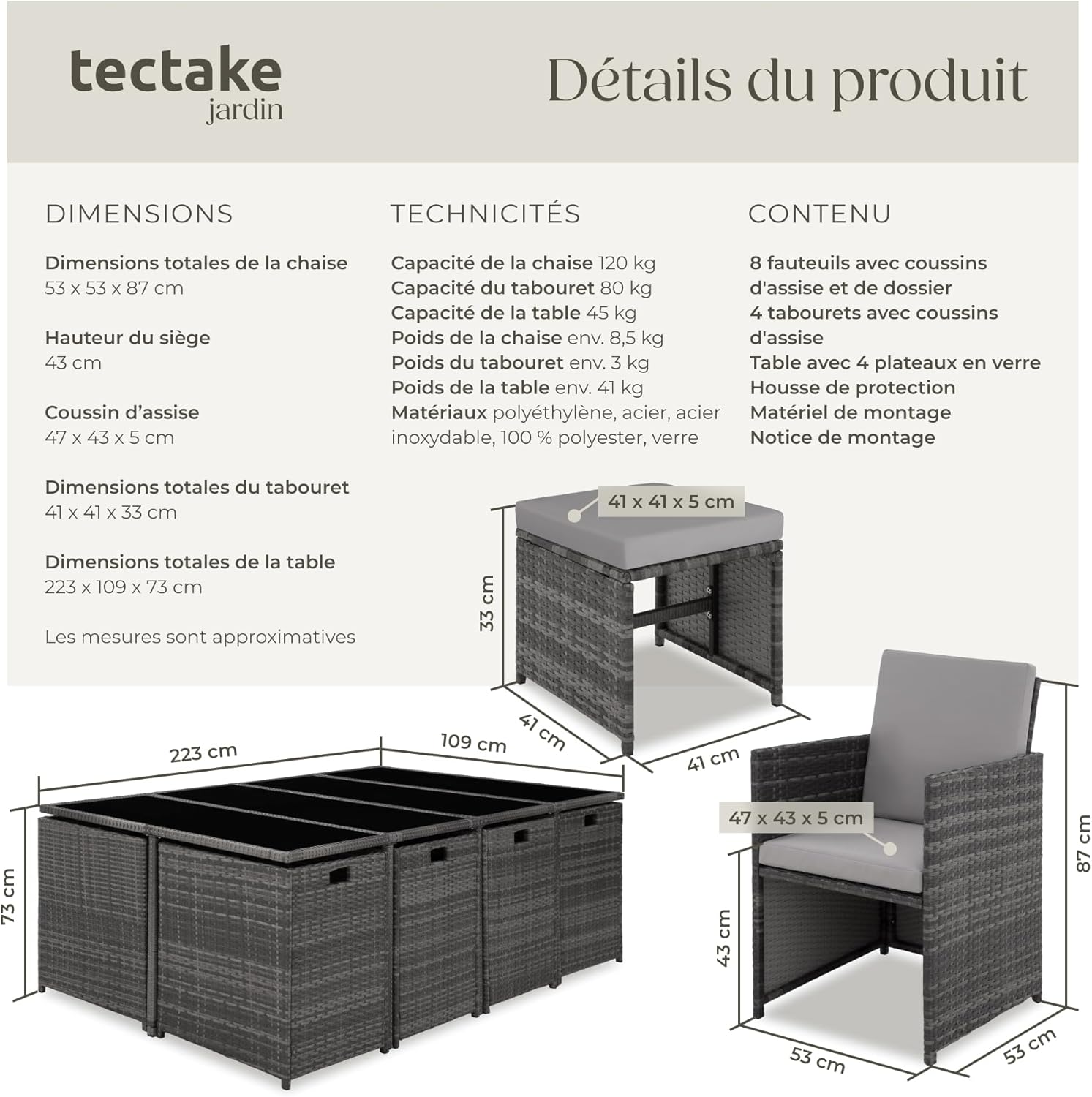 TecTake Rattan Garden Furniture Set - Outdoor Dining Set with 8 Comfortable Chairs, 4 Stools, and 1 Table - Balcony and Patio Furniture - Black/Grey