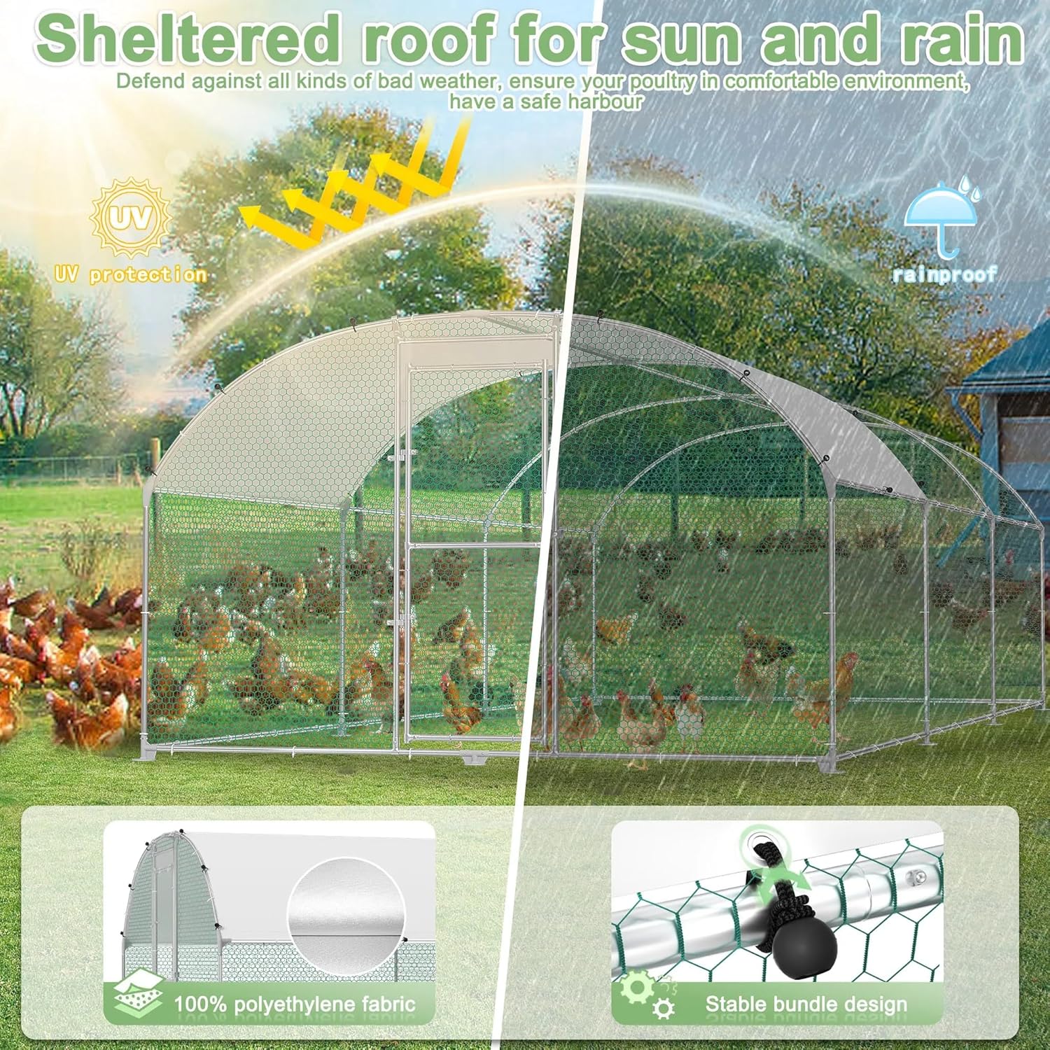 Hühnerstall Metall Freilaufgehege Freigehege, Geflügelstall Kleintiere, Verzinkter Stahlrahmen mit PE Dach, Bogenaufsatz (3x4m)