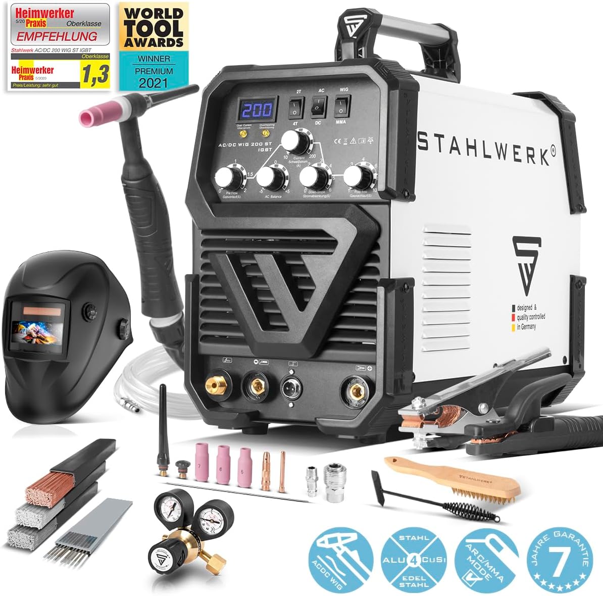 STAHLWERK welding machine 2 in 1 combo fully equipped AC/DC TIG 200 ST – TIG & MMA welding is possible up to 200 A, IGBT inverter, HF ignition, smart cooling, ideal for aluminum & steel