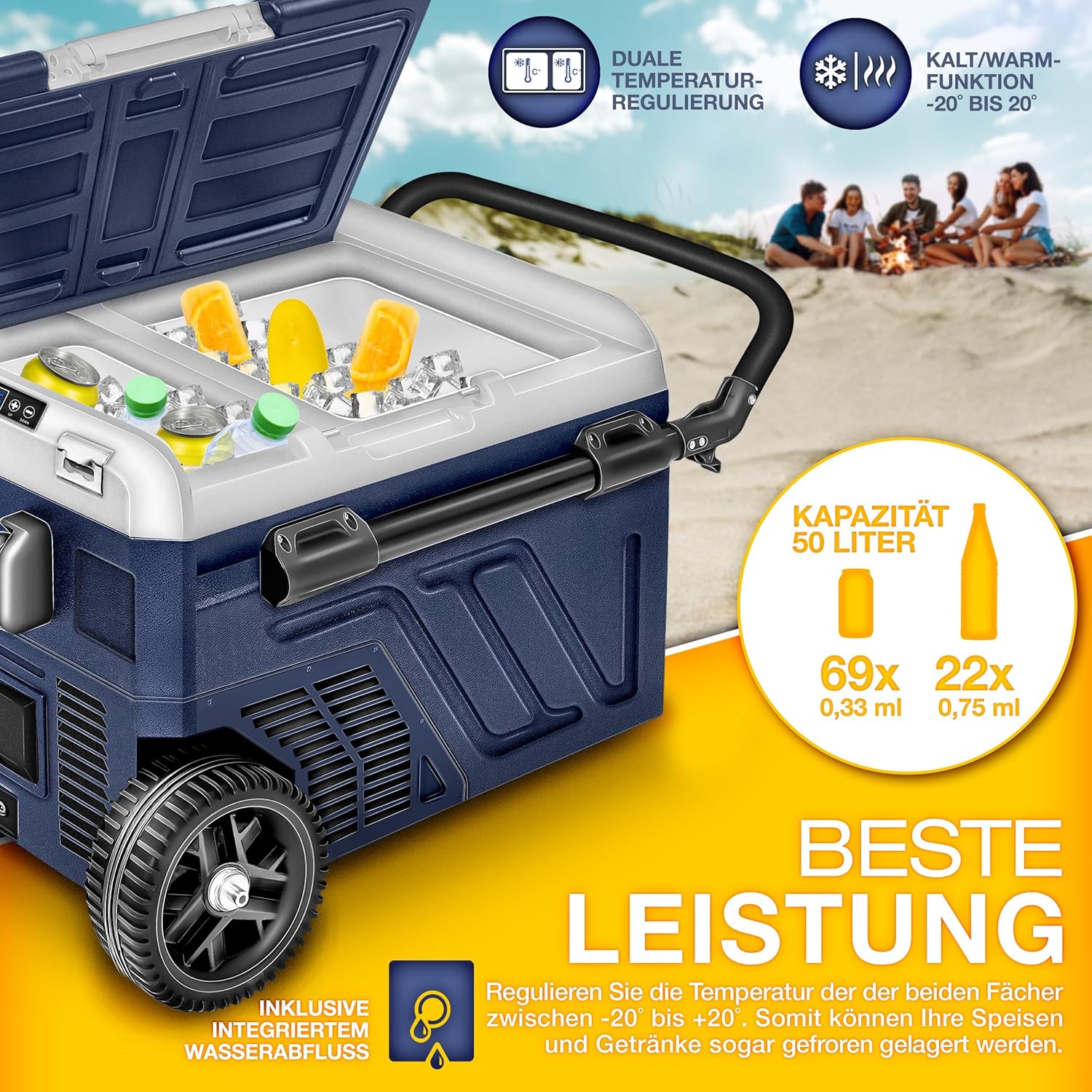 tillvex® Kompressor Kühlbox elektrisch 40-60 Liter | Elektrische Gefrierbox WIFI-APP-Steuerung 12/24 V 230V | Kühlschrank bis -20 °C für Auto, Lkw, Camping (Navyblau, 50 Liter - mit Akku) [Energieklasse B]