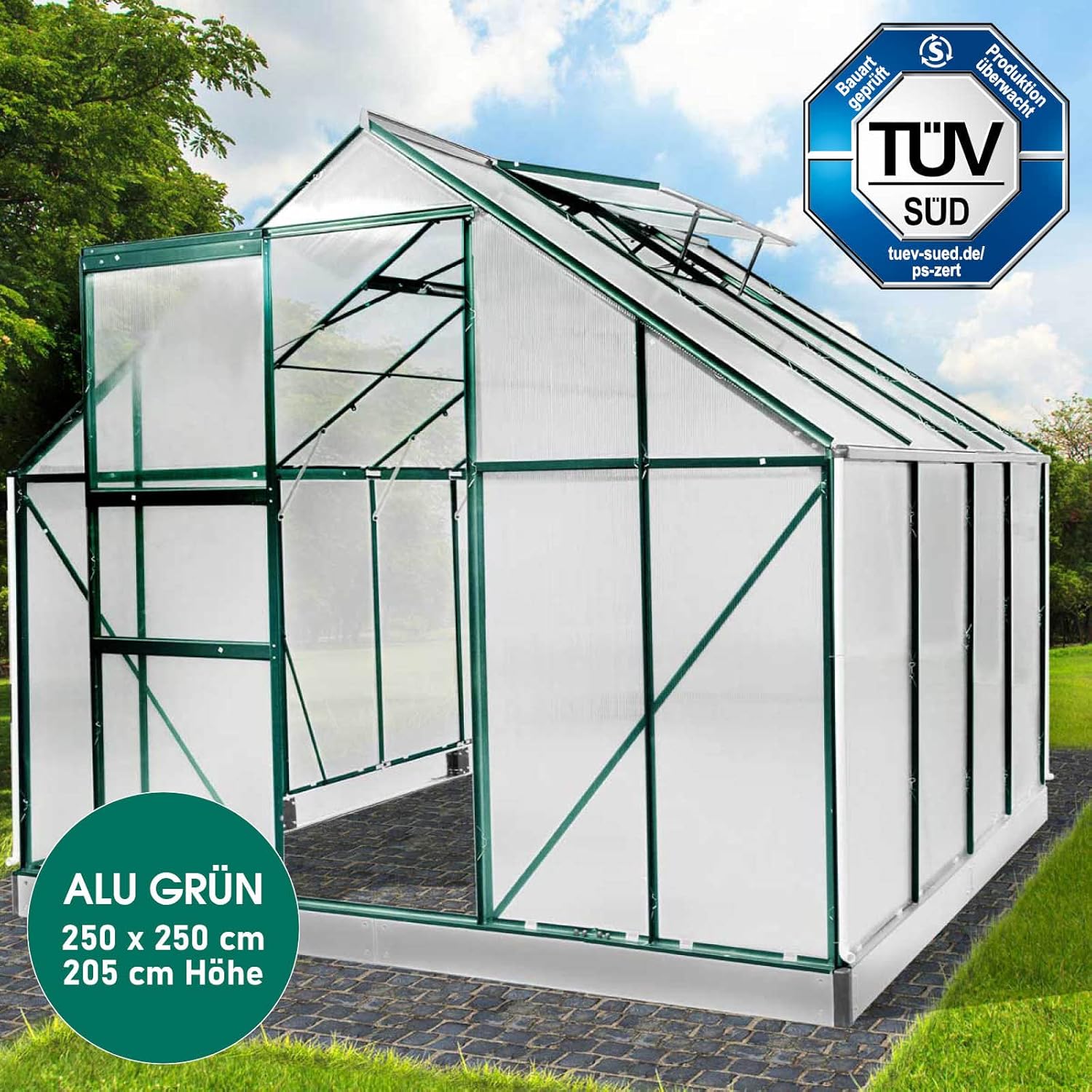 BRAST Aluminium Greenhouse with Base, 250 x 250 x 205 cm, TÜV Tested, 6 mm Hollow Chamber Panels Rustproof, Weatherproof, Temperature-Resistant