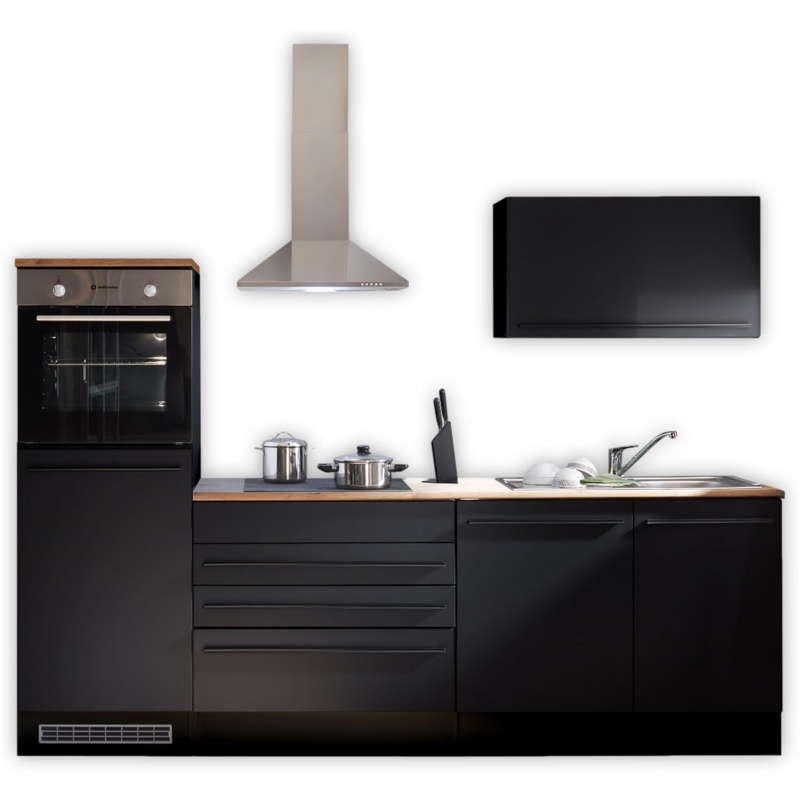 Jazz 6 Modern Kitchen Unit with Electrical Appliances in Matt Black, Lanzelot Oak Look - Spacious Fitted Kitchen with Lots of Storage Space - 260 x 200 x 60 cm (W x H x D)