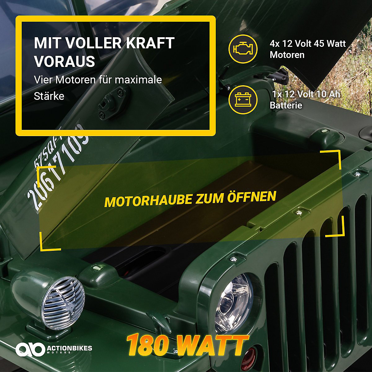 Kinder Elektroauto Jeep Willys - 4x45 Watt - Kinderauto mit Fernbedienung - Soundmodul grün