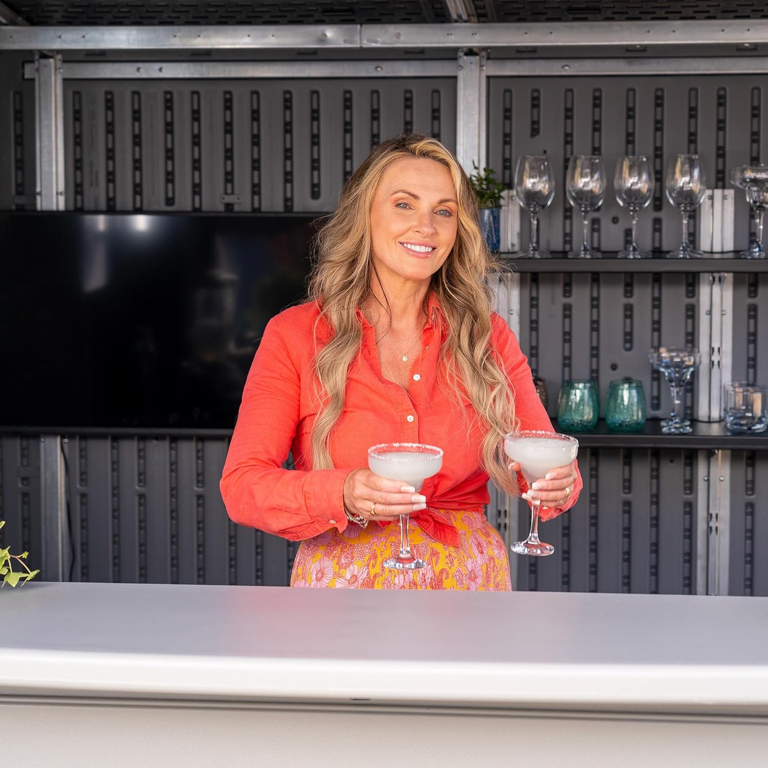 Suncast 8' x 7' Cabana Entertainment Storage Shed, All-Weather Outdoor Backyard Shelter with 2 Windows and Fold-Down Bar Top, Gray