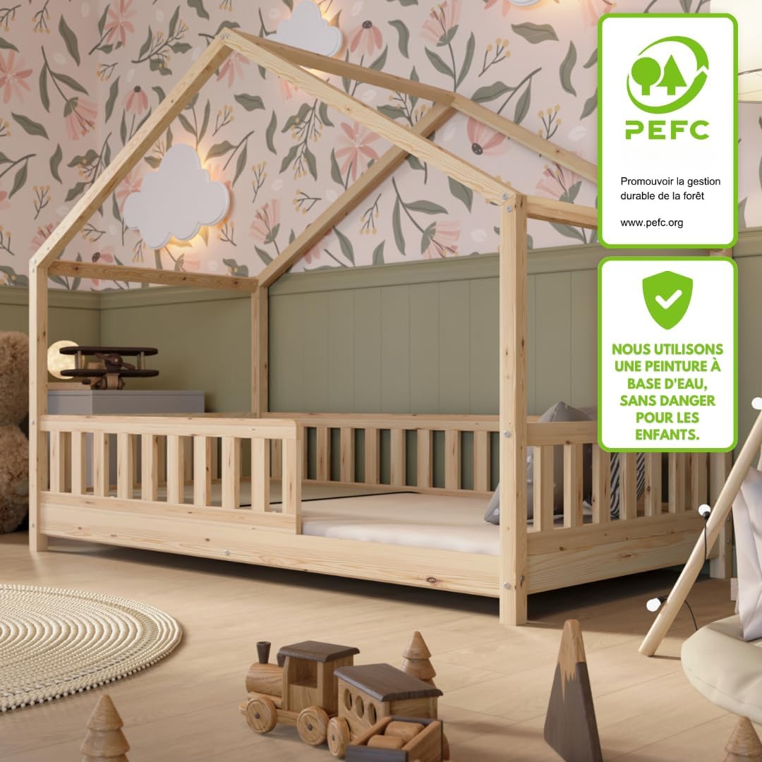 Crazy Pine Cabin Bed 160x80 cm – Natural Wood Children's Bed with Barrier – Montessori Floor Bed with Height-Adjustable Legs and Removable Barrier - Crazy House