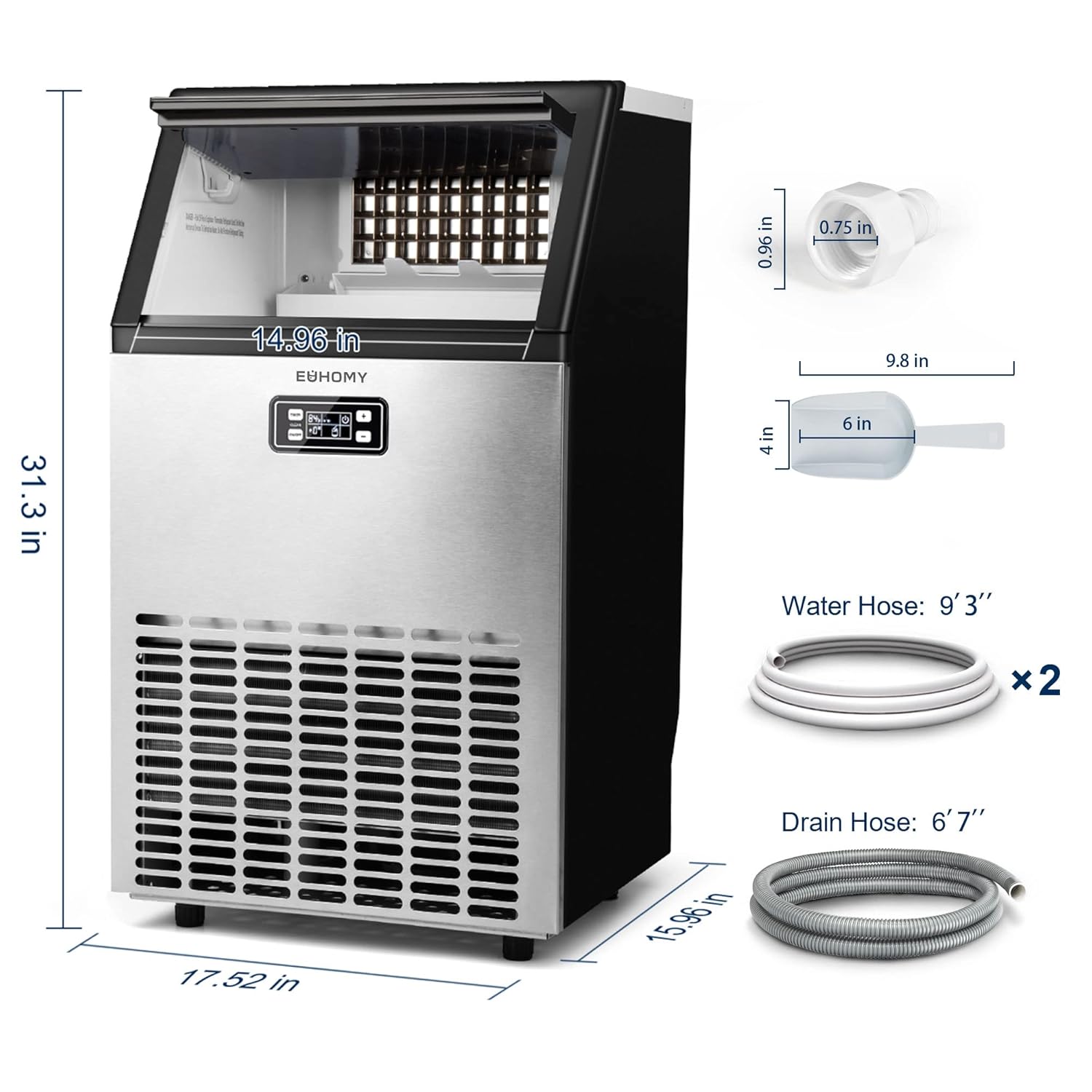 EUHOMY Commercial Ice Maker Machine, Stainless Steel Under Counter ice Machine , Freestanding Ice Maker.