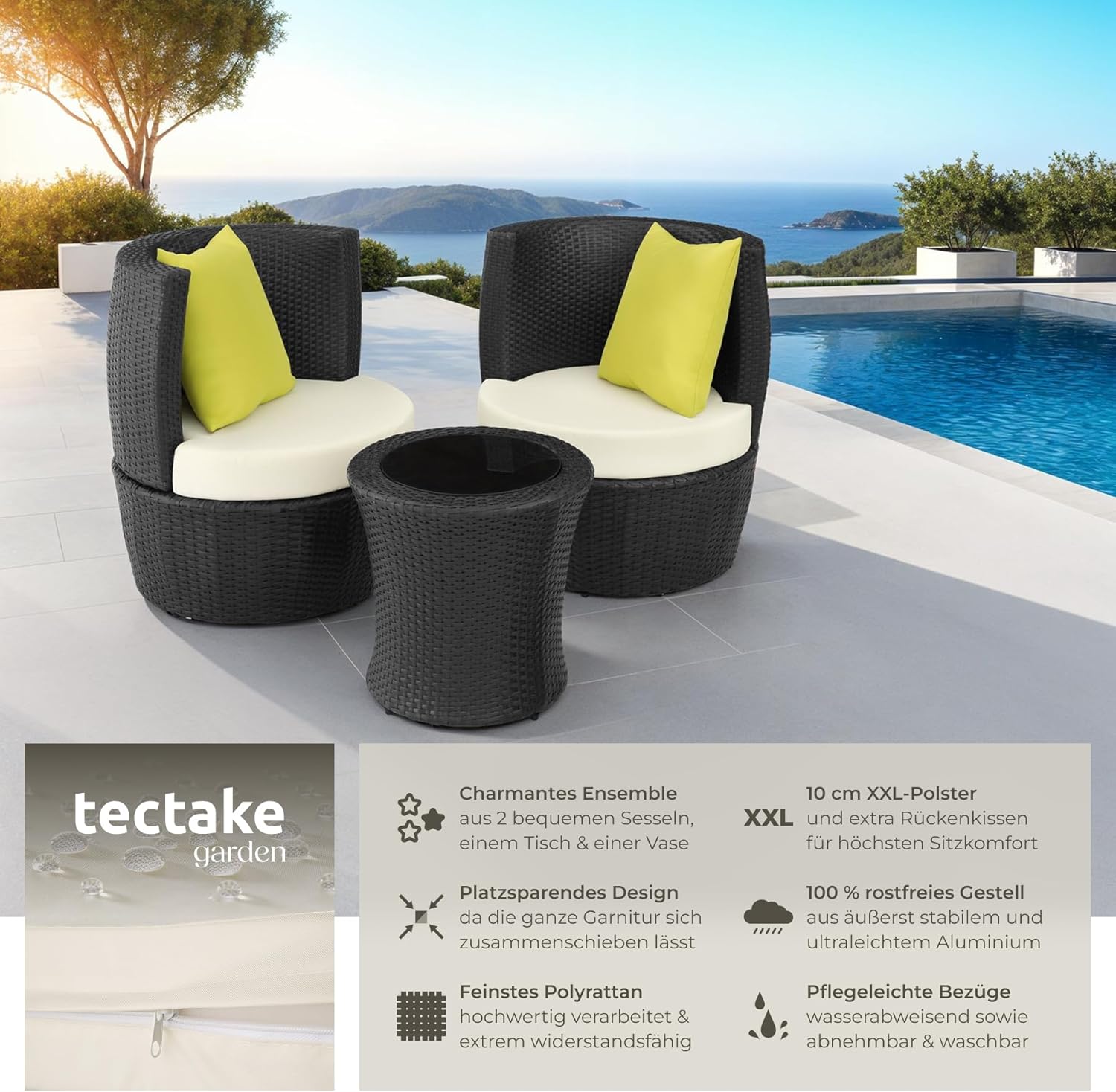 tectake® Rattan garden furniture set for 2 people, balcony furniture set, garden furniture set with 2 chairs, 1 x round side table, 1 x vase, can be folded to save space