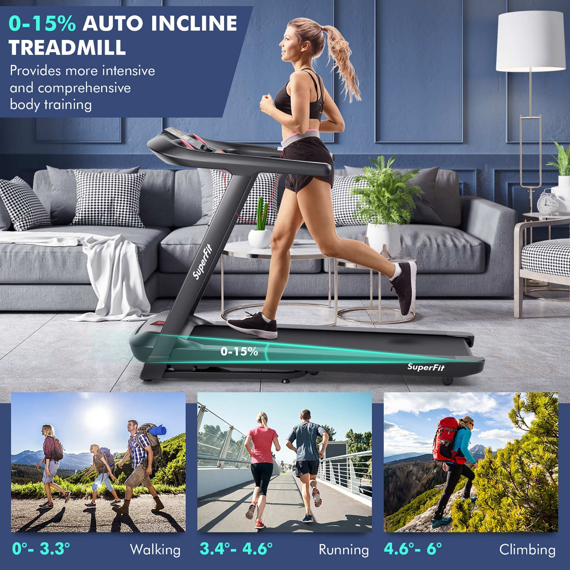 SuperFit 4.75HP Folding Treadmill w/Preset Programs Touch Screen - 64'' x 30'' x 45''