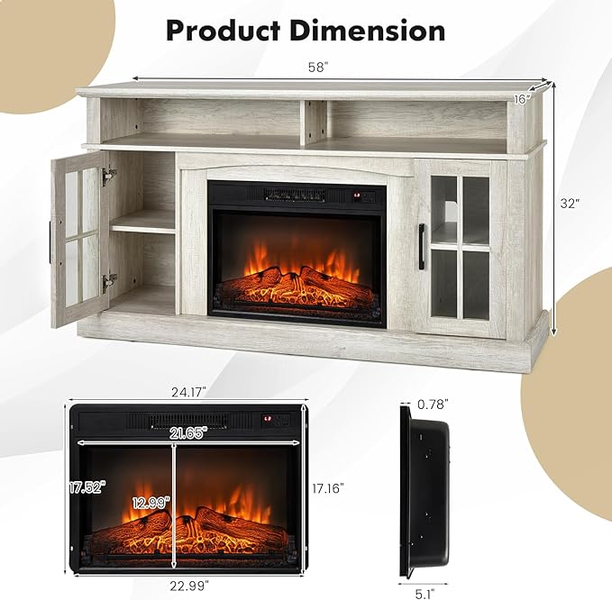 COSTWAY Electric Fireplace TV Stand for TVs Up to 65 Inches, 1400W Heater Insert with Remote Control, 6H Timer, 3-Level Flame, Overheat Protection and CSA Certification, Adjustable Shelves, Grey