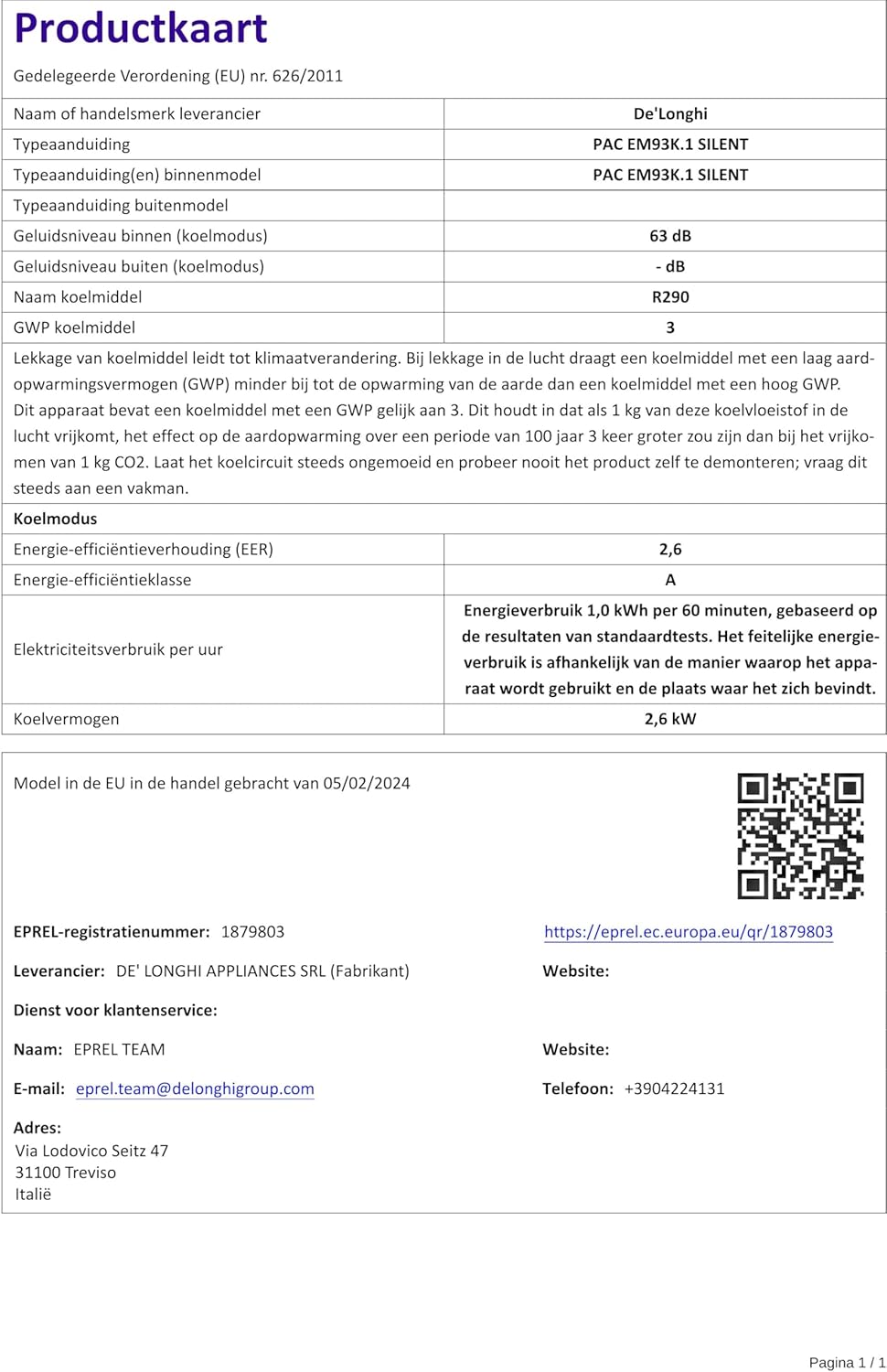 De'Longhi EM Series Pinguino Pac EM93K Silent, Aire Acondicionado Portátil Silencioso, 10.500 BTU/h, 90m3, 2.6 kW, 3 Velocidades, Gas R290, 1105 W, 90 Cubic_Feet, 63 Decibeles, White [Clase de eficiencia energética A]
