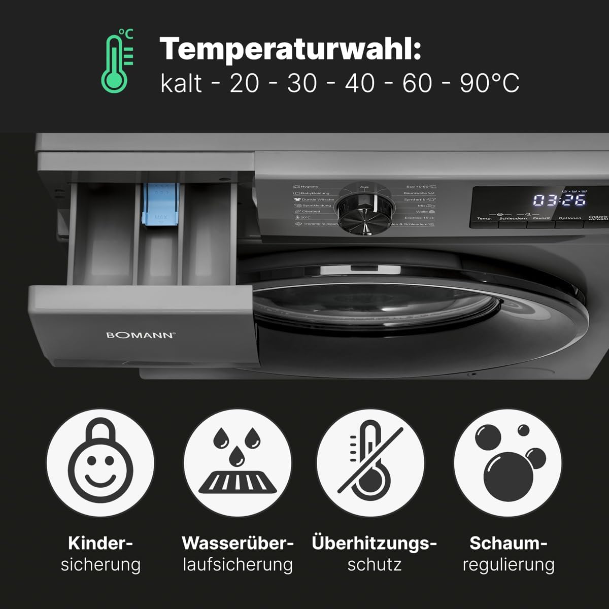 Bomann® Waschmaschine 7kg | max. 1400 U/min | 10 Jahre Motor-Garantie | effizienter, leiser & langlebiger Invertermotor | 15 Programme | Endzeitvorwahl | LED-Display | Washing Machine | WA 7175 weiß [Energieklasse A]
