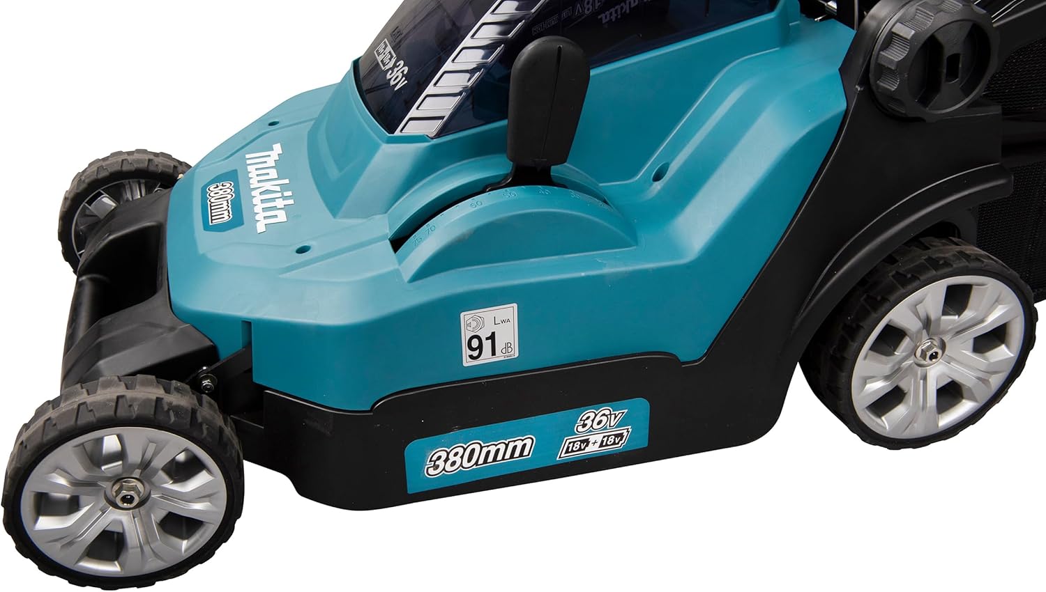 Makita DLM382PM2 Cordless Lawnmower 2 x 18 V / 4.0 Ah, 2 Batteries + Double Charger, 36 V, Petrol Blue