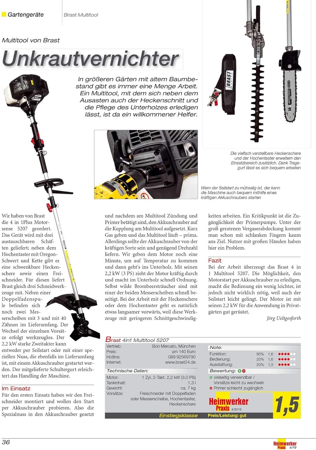 BRAST Petrol Multitool 3.0 HP 6-in-1 Brush Cutter, Hedge Trimmer, Pole Pruner, Weed Remover, Lawn Trimmer, Pruning Saw, Brush Cutter, 52 cm³, TÜV Tested