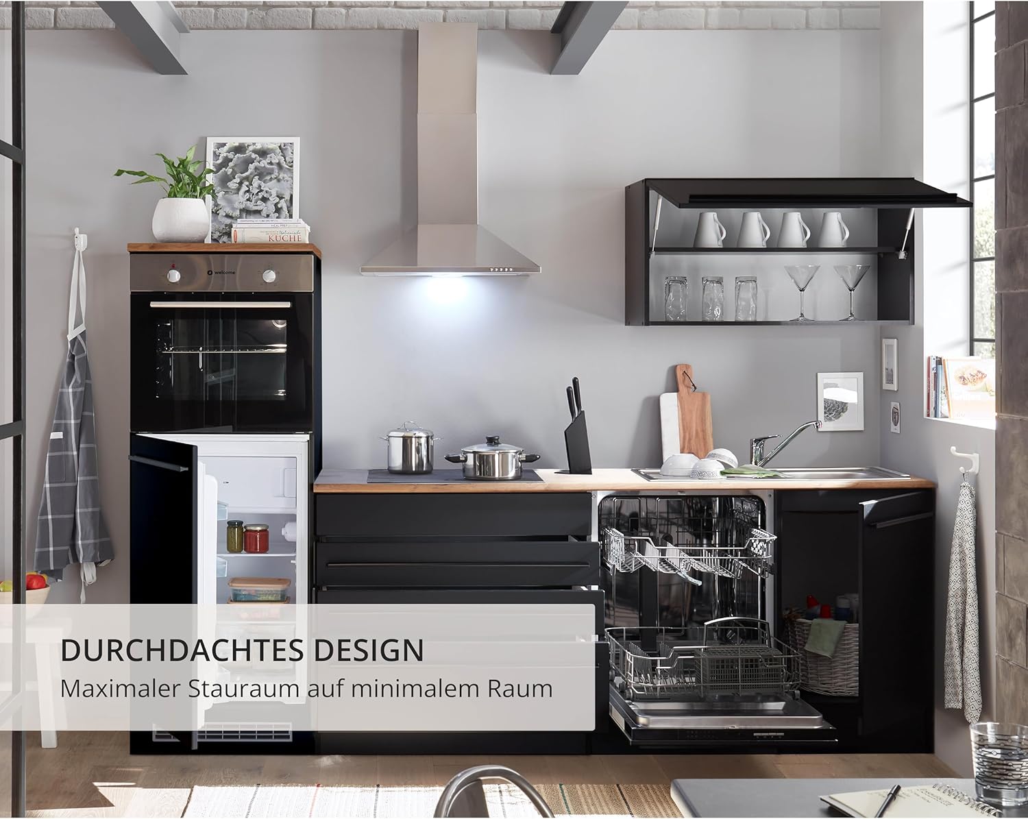 Jazz 6 Modern Kitchen Unit with Electrical Appliances in Matt Black, Lanzelot Oak Look - Spacious Fitted Kitchen with Lots of Storage Space - 260 x 200 x 60 cm (W x H x D)