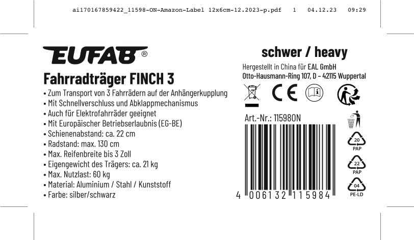 EUFAB 11598 FINCH Bicycle Carrier for 3 Bicycles