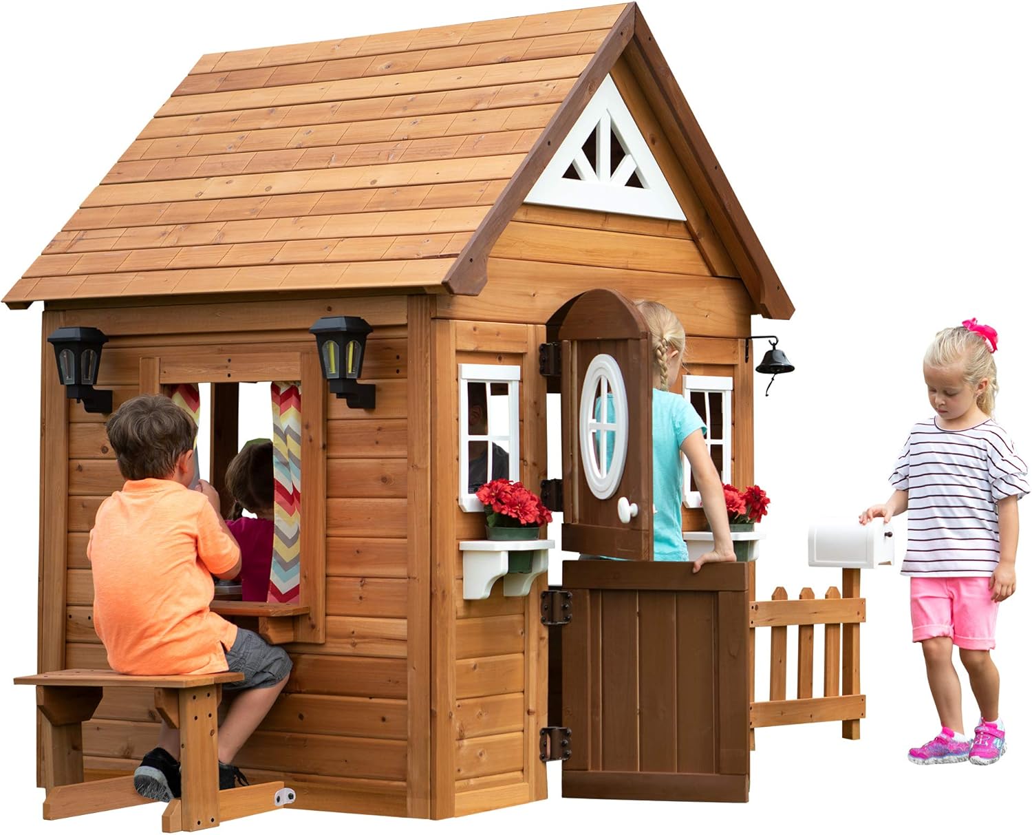 Backyard Discovery Aspen Wooden Playhouse, Outdoor Children's Play House for the Garden Including Accessories, Garden Shed for Children with Windows in Brown and White