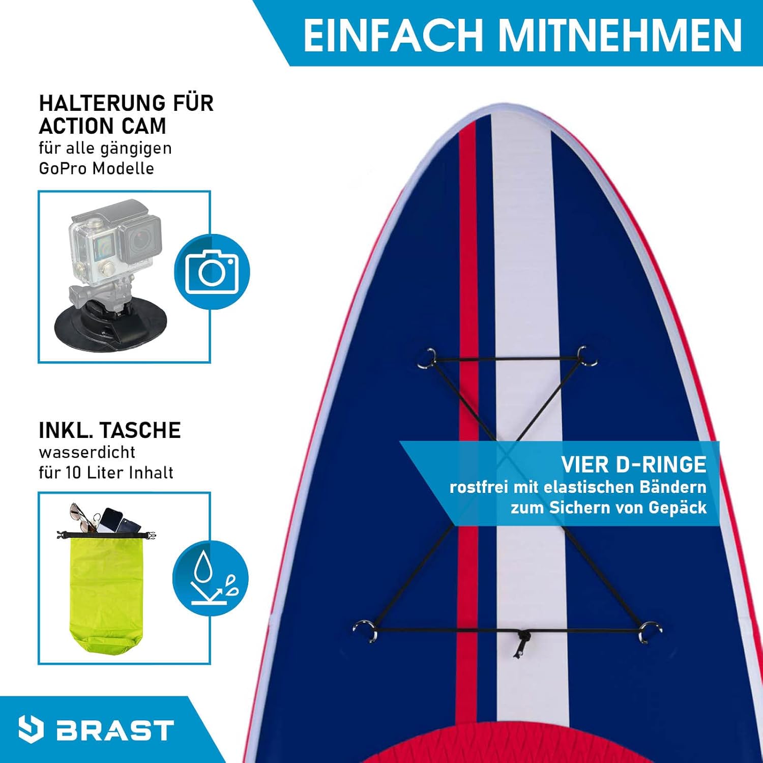 BRAST® SUP Board, Shark, Inflatable Stand Up Paddle Set, 300–320 cm, Many Models, Includes Special Accessories, 2-in-1 Paddle, Kayak Seat, Action Cam Holder, Foot Strap, Pump, Backpack