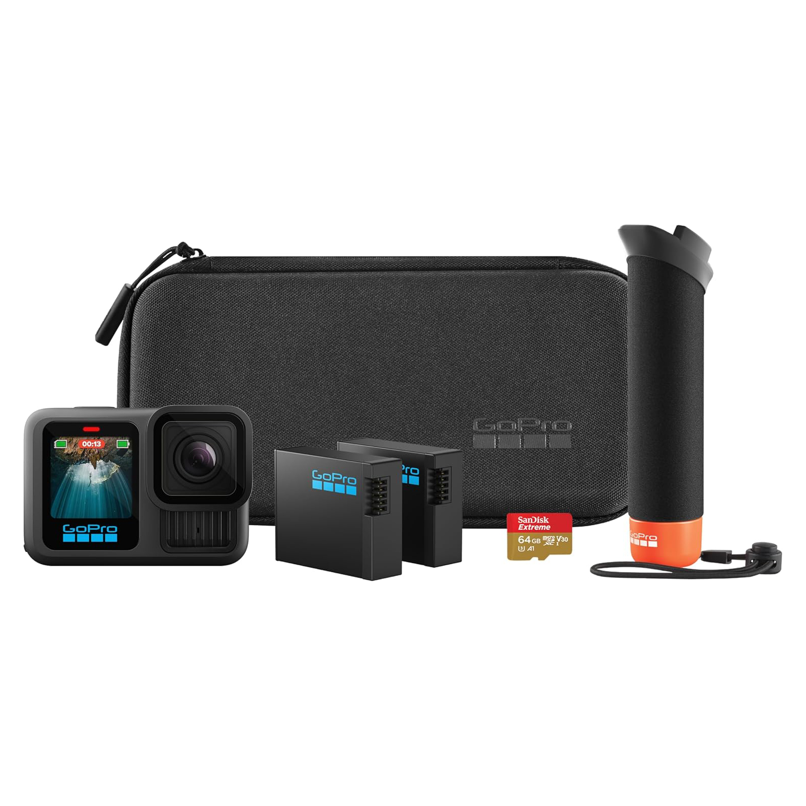 GoPro HERO13 Black Accessory Pack - Includes the Handler (Floating Handgrip), 2 Enduro Batteries, 2 Curved Adhesive Holders, 64GB SanDisk MicroSD Card, Carry Case and More