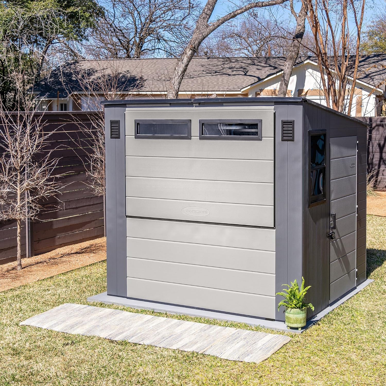 Suncast 8' x 7' Cabana Entertainment Storage Shed, All-Weather Outdoor Backyard Shelter with 2 Windows and Fold-Down Bar Top, Gray