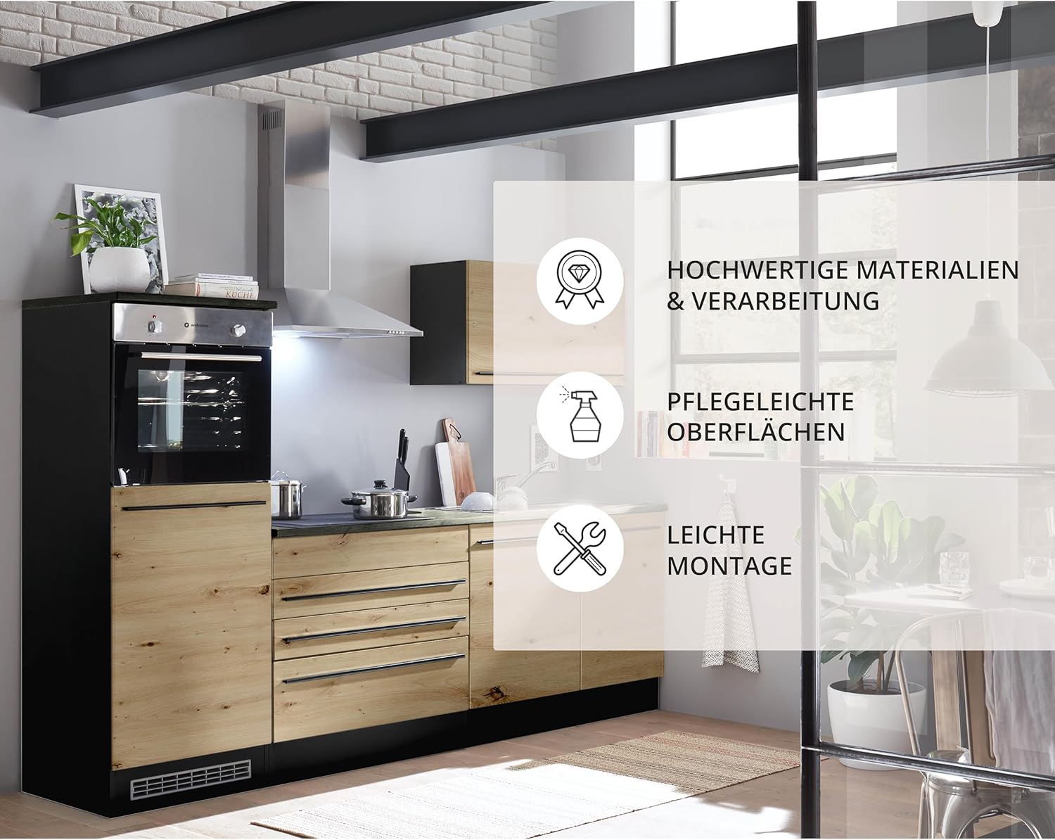 Jazz 6 Modern Kitchen Unit with Electrical Appliances in Anthracite, Artisan Oak Look, Spacious Fitted Kitchen with Lots of Storage Space, 260 x 200 x 60 cm (W x H x D)