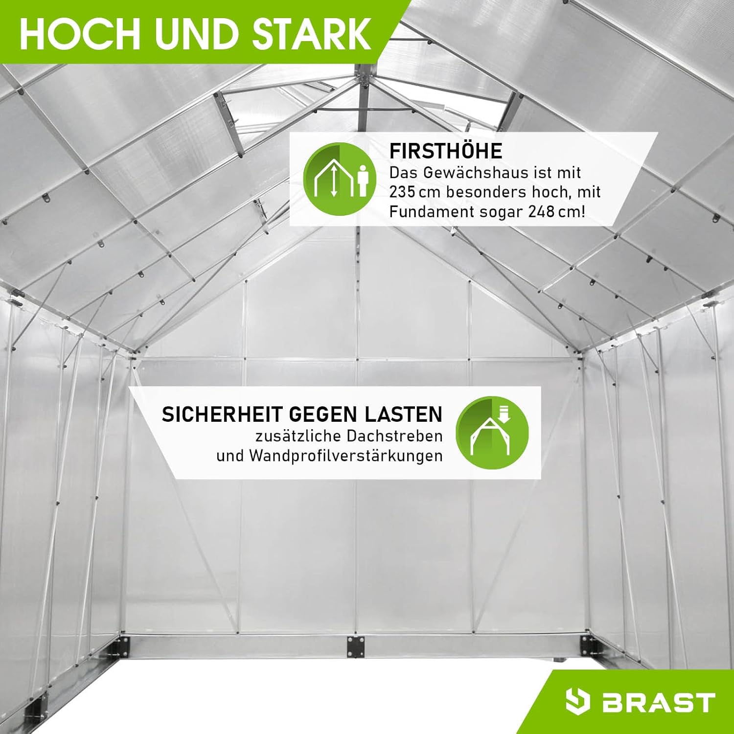 BRAST Aluminium Greenhouse with Base 310 x 250 x 235 cm, TÜV Tested, 6 mm Hollow Chamber Panels, Rustproof/Weatherproof/Temperature-Resistant