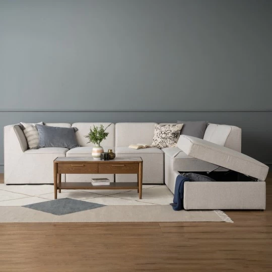L-Shaped Modular Sofa with Storage Ottoman, Beige