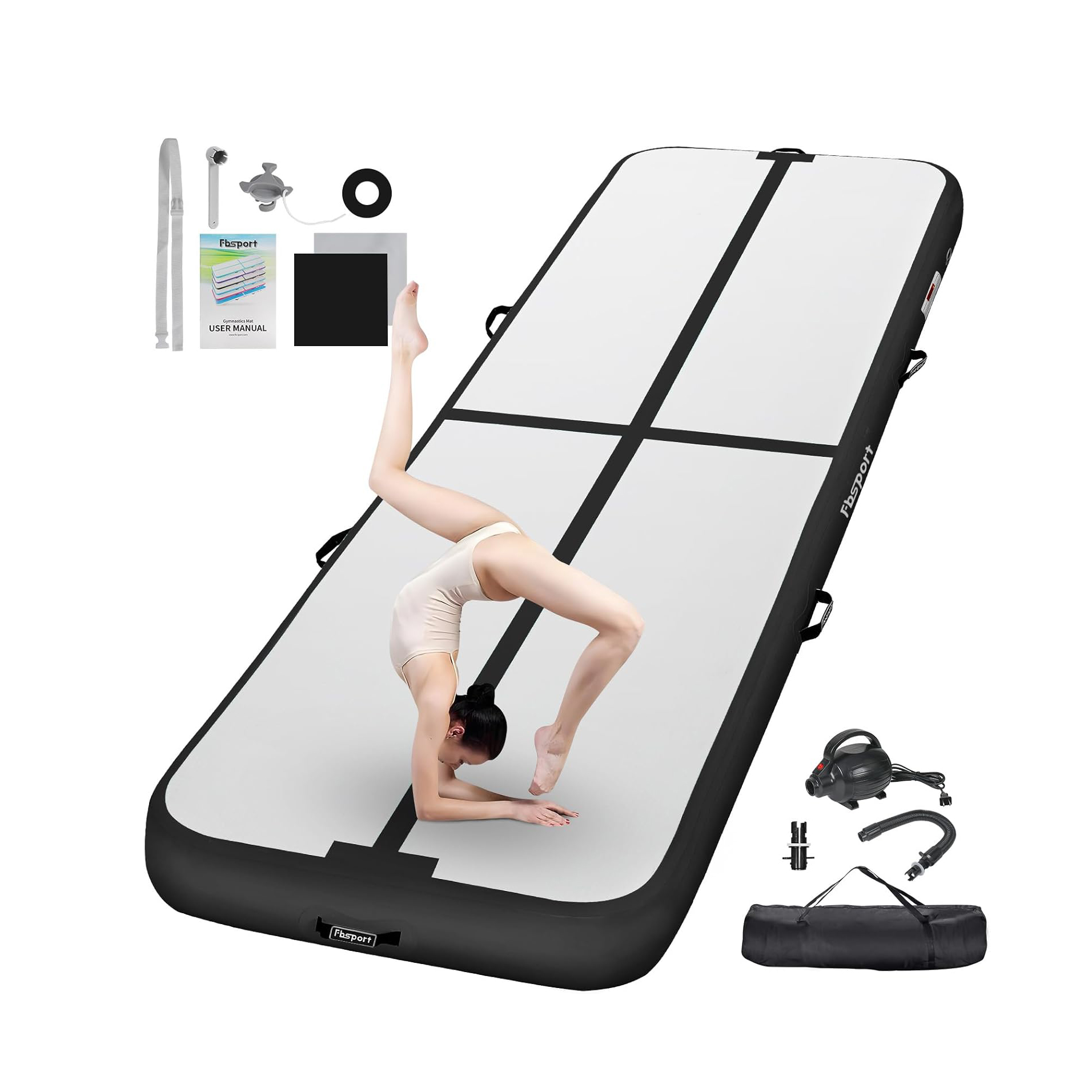 FBSPORT Airtrack Mat, 10/20 cm High Thick 2/3/4/5/6 / M Tumbling Mat, Gymnastics Mat with Air Pump, Training Mat with Carry Bag, Gym Mat for Home, Outdoor, Yoga, Exercise Gymnastics etc.