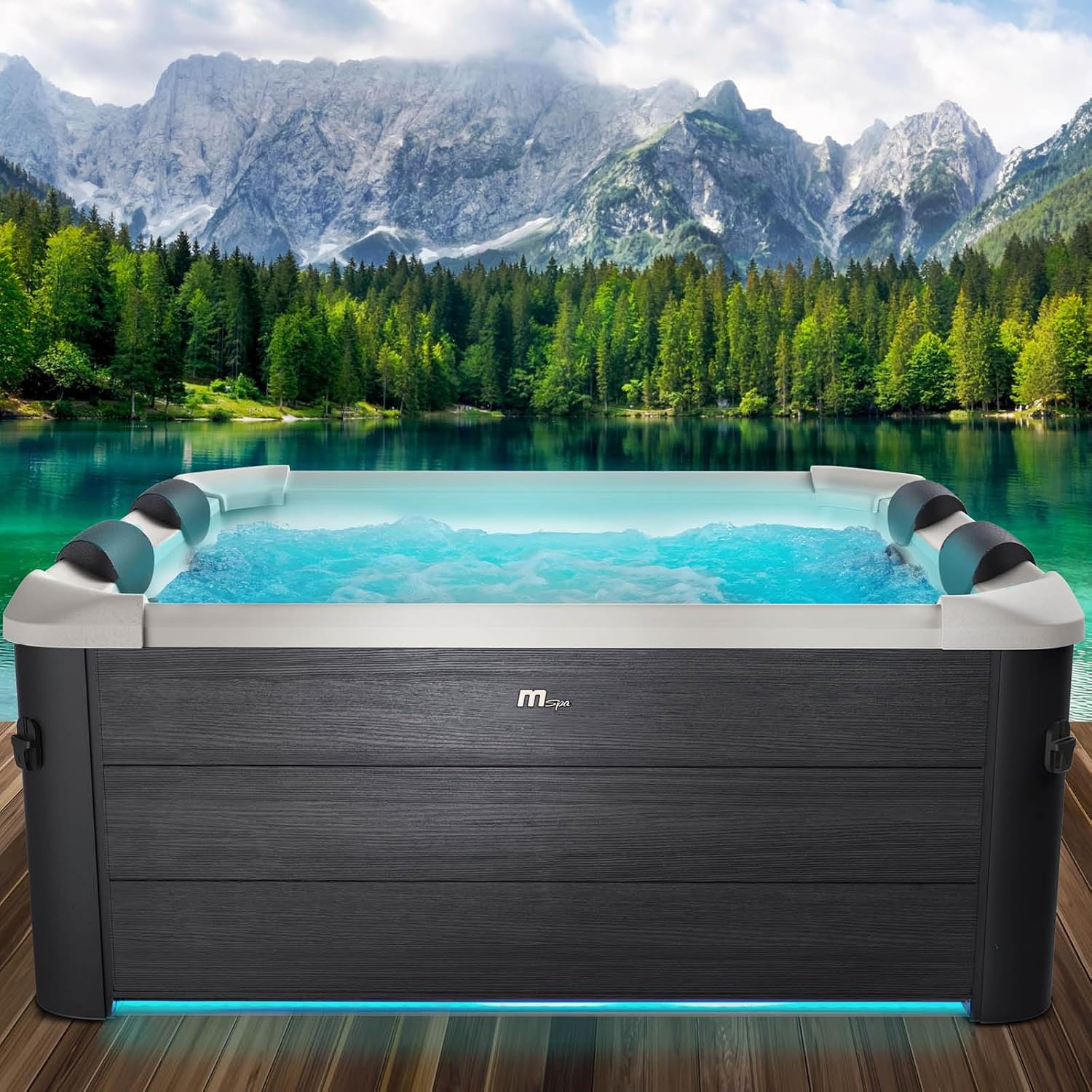 BRAST® Whirlpool MSpa Oslo with Fixed Outdoor Wall LED Lighting with 20 Adjustable Colours for 6 People 160 x 160 x 65 cm 120 Massage Jets All Year Round Use Winterproof Indoor & Outdoor Pool