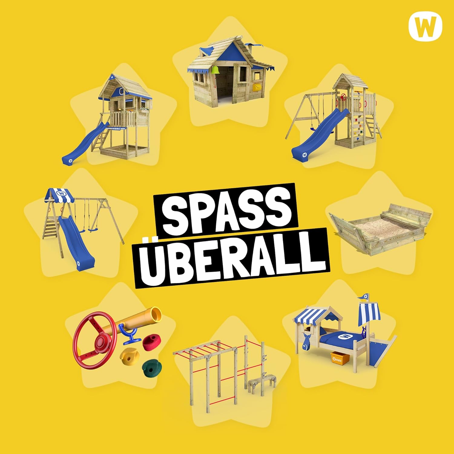 WICKEY MultiFlyer Play Tower Climbing Frame Wooden Roof with Swing and Green Slide, Climbing Tower with Wooden Roof, Sandpit, Ladder and Play Accessories