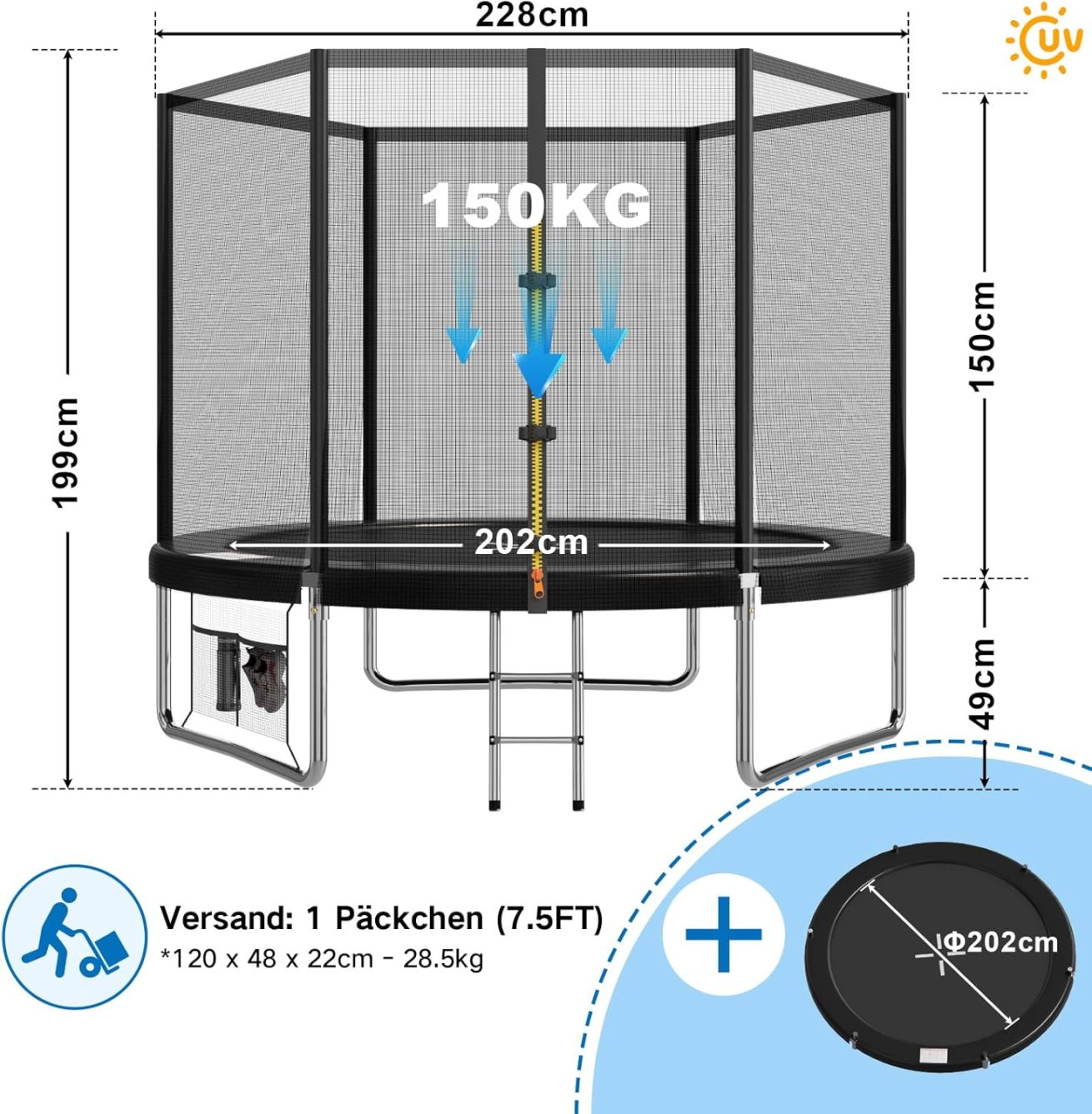 Devoko trampoline outdoor Ø 305 cm indoor trampoline children's garden trampoline, complete set with shoe net, ladder, edge cover, safety net, load capacity 150 kg