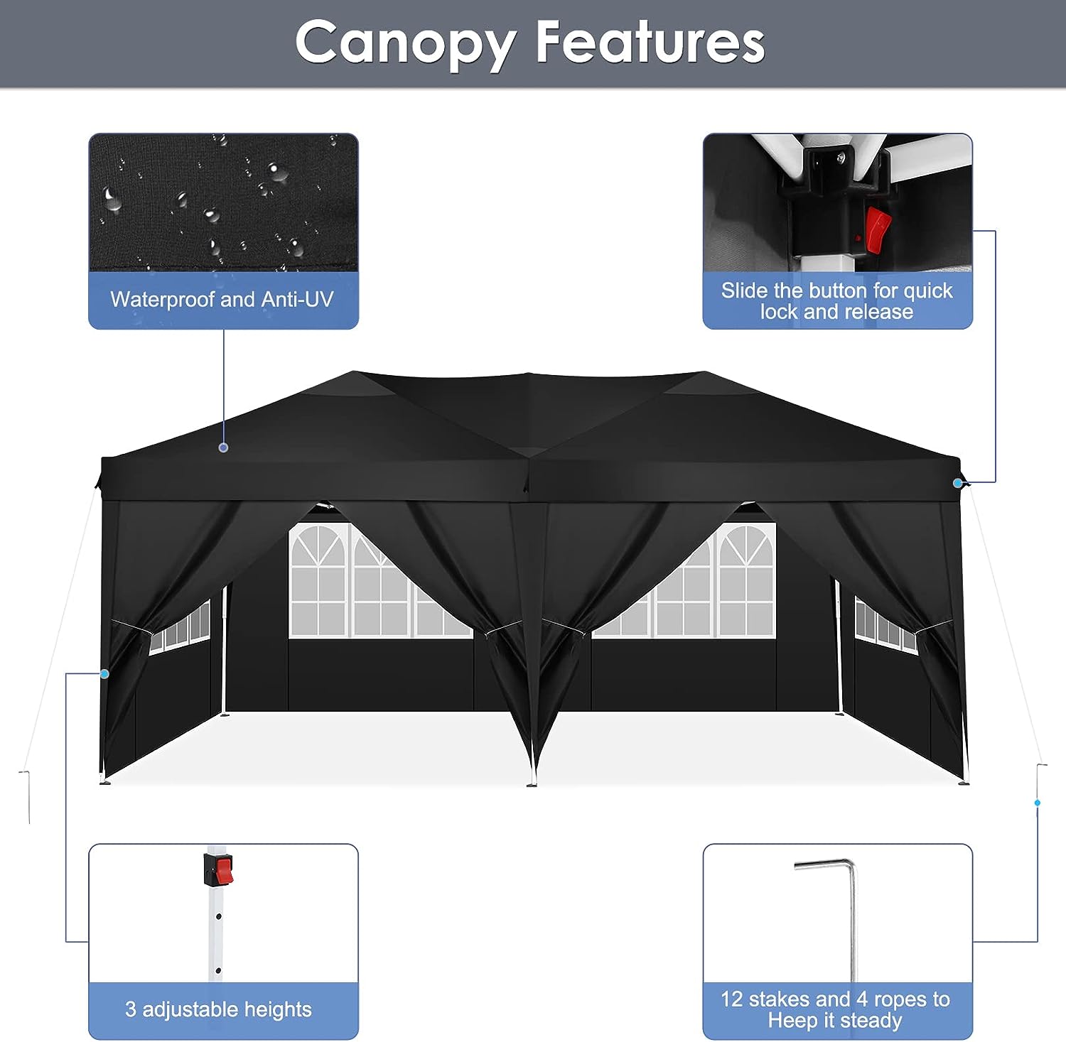 TOOLUCK Folding Gazebo Waterproof Stable Popup Foldable Gazebo Anti-UV Garden Gazebo with 6 Side Panels