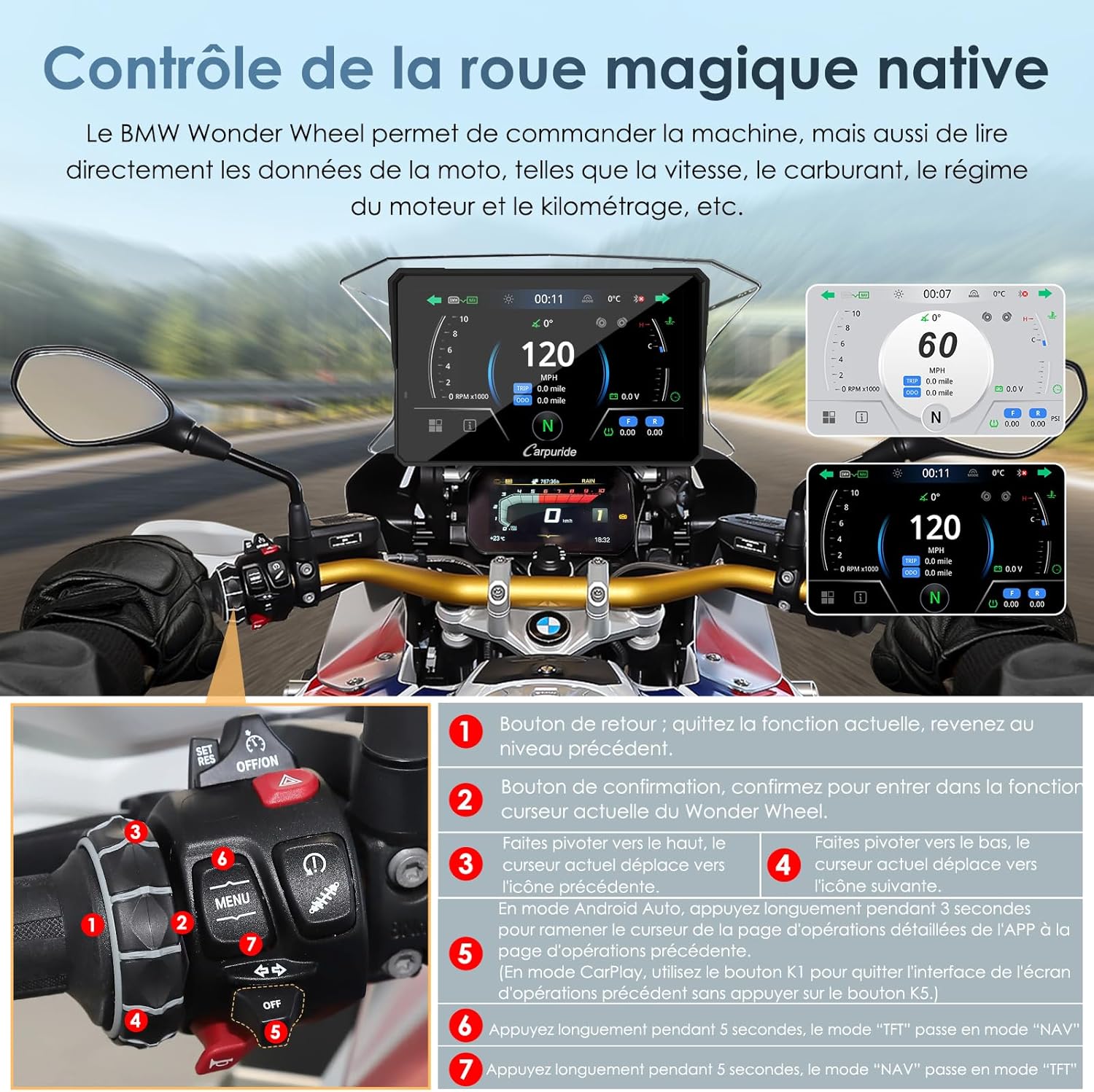 Carpuride W702BS Pro Moto Carplay Écran avec Natif Wonder Wheel pour BMW Moto, Sans Fil CarPlay et Android Auto, 7 Pouces Étanche Tactile Écran, Double Bluetooth, Interphone Fonction, Données Lecture.