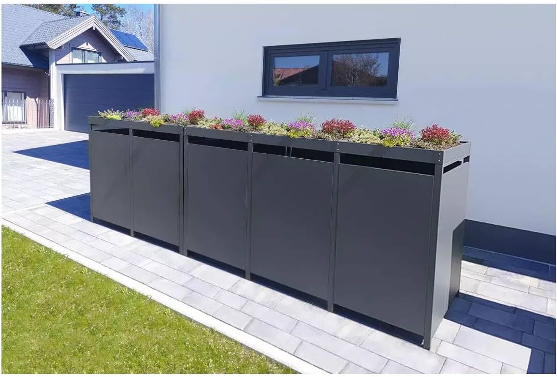 Metzler Wheelie Bin Box 4 Bins 240 L with Plant Roof, Roof Greenery in Anthracite with Plant Roof, Weatherproof, Pack of 4, Waste Container, Bin House, Lockable, Garden Box, Rubbish Box