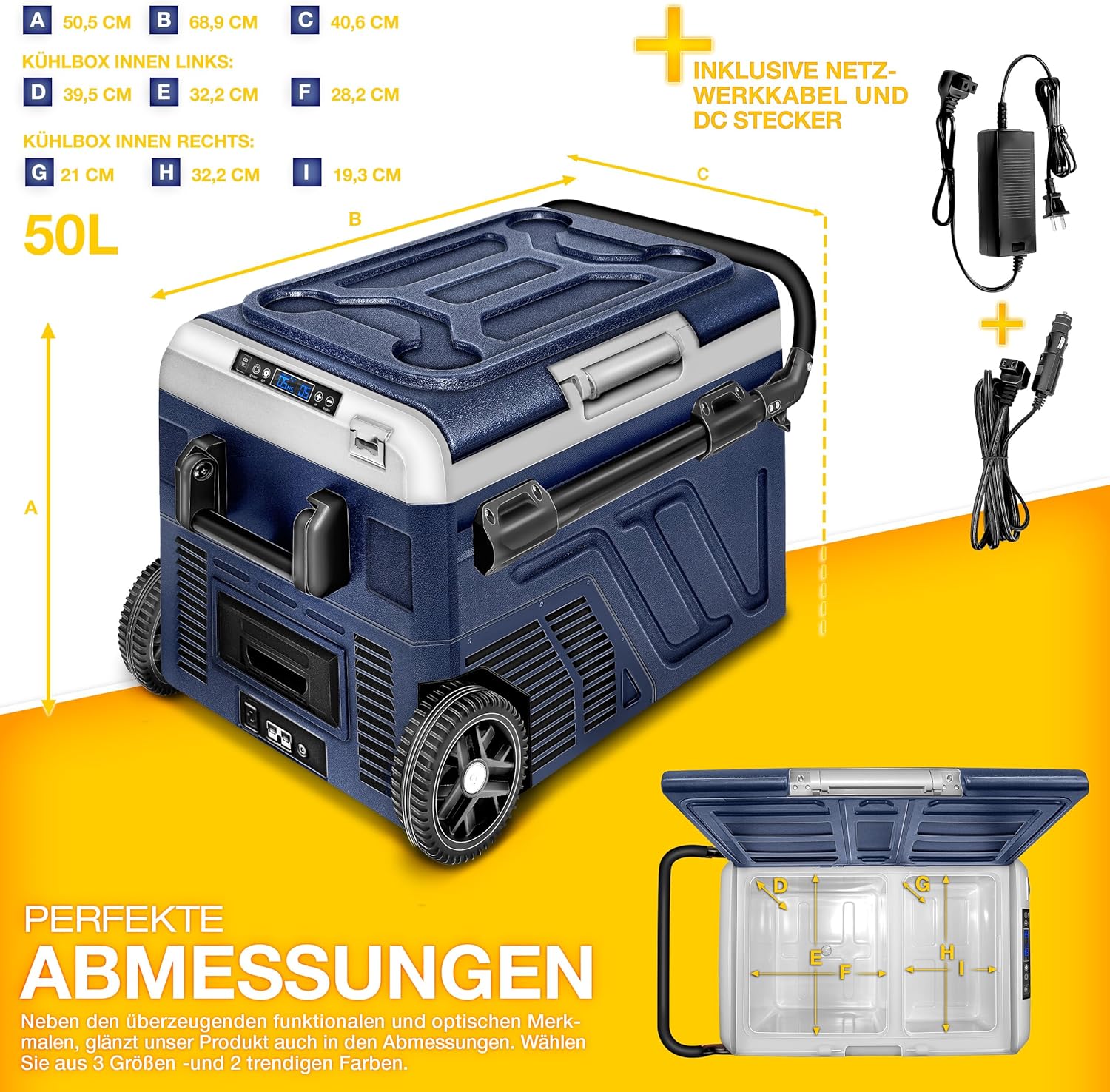 tillvex® Kompressor Kühlbox elektrisch 40-60 Liter | Elektrische Gefrierbox WIFI-APP-Steuerung 12/24 V 230V | Kühlschrank bis -20 °C für Auto, Lkw, Camping (Navyblau, 50 Liter - mit Akku) [Energieklasse B]