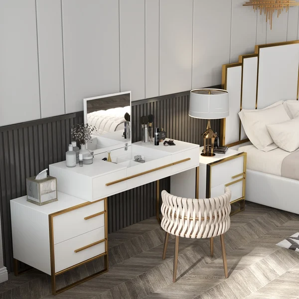 White Makeup Vanity with Storage & Flip Top Mirror 4 Drawers & Golden Base