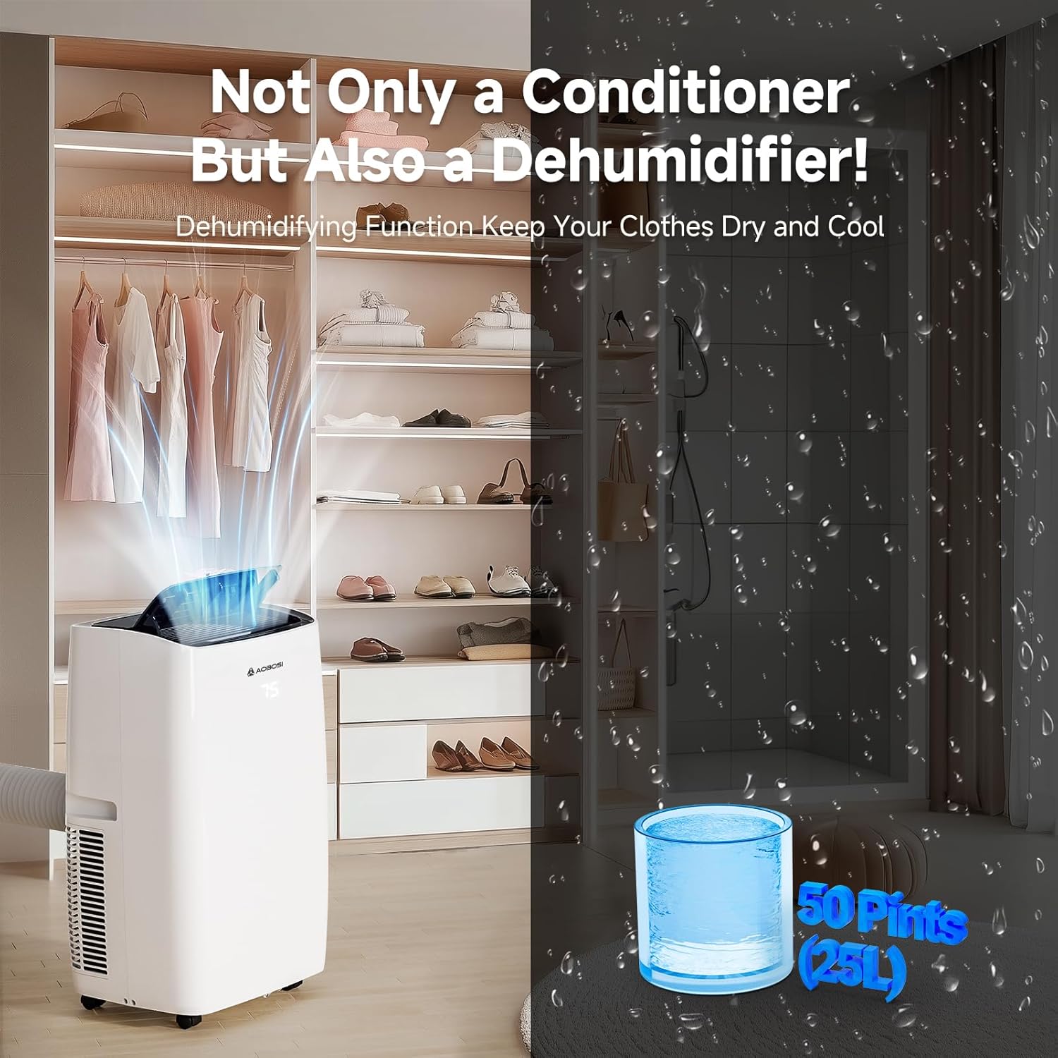AAOBOSI 14,000 BTU Portable Air Conditioner with Heater & Dehumidifier, 6-in-1 Cooling Unit for Large Room up to 350 Sq.Ft, Quiet 45dB, Smart App Control, Window Kit & Wheels Included