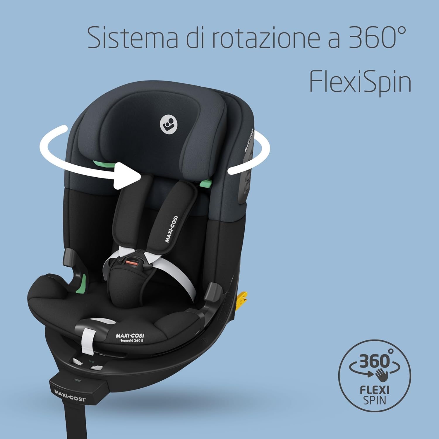 Maxi-Cosi Emerald 360 S i-Size, Seggiolino auto girevole 360, 0-12 anni (40-150 cm), Seggiolino auto neonato, 4 posizioni reclinate, Protezione dagli impatti laterali G-CELL, Tonal Black