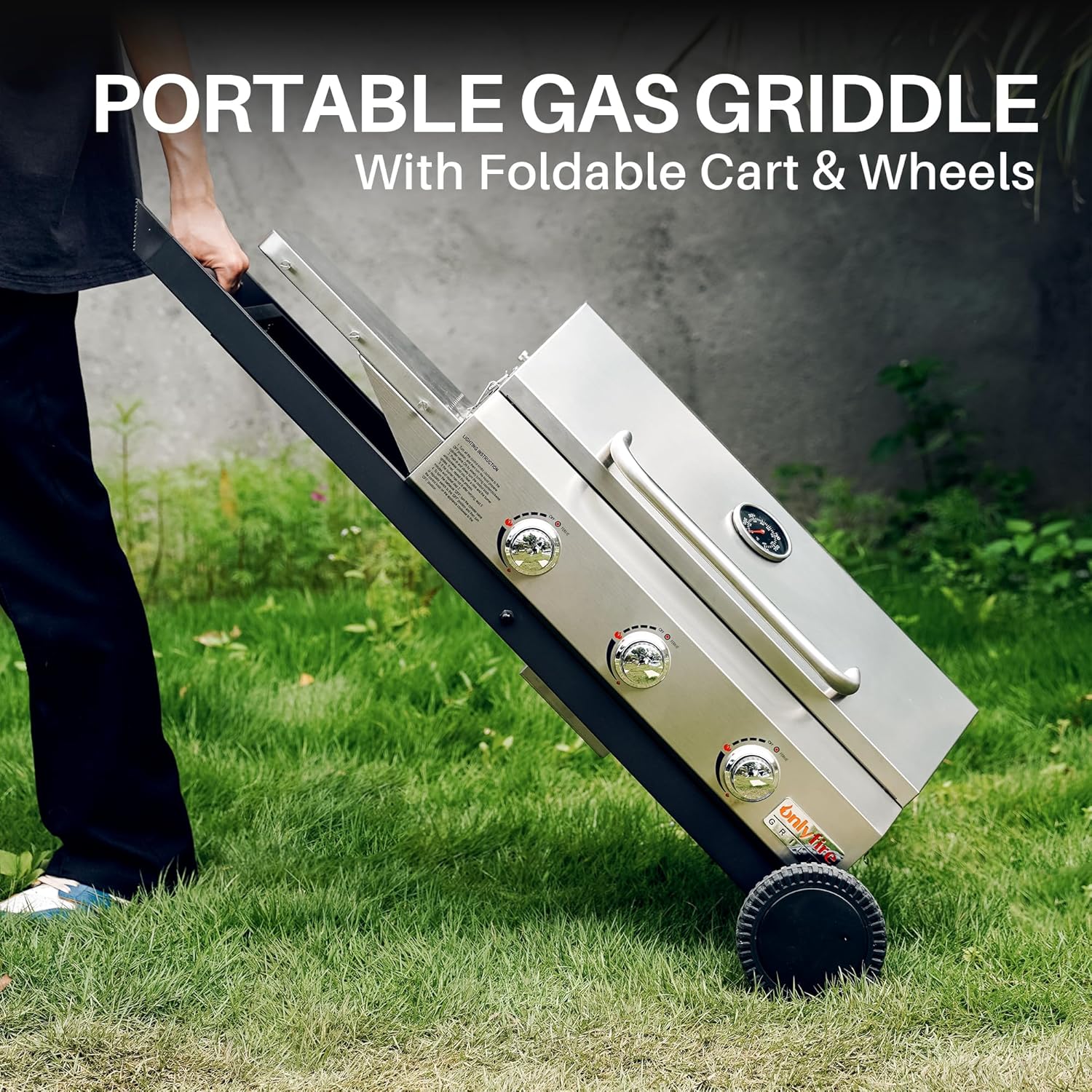 Onlyfire 3 Burner Gas Grill Trolley BBQ Gas Grill with Grill Grate 7 kW Grill Surface 56.5 x 34 cm with Side Tables, Foldable Trolley Wheels, Thermometer for Outdoor Camping Balcony Garden
