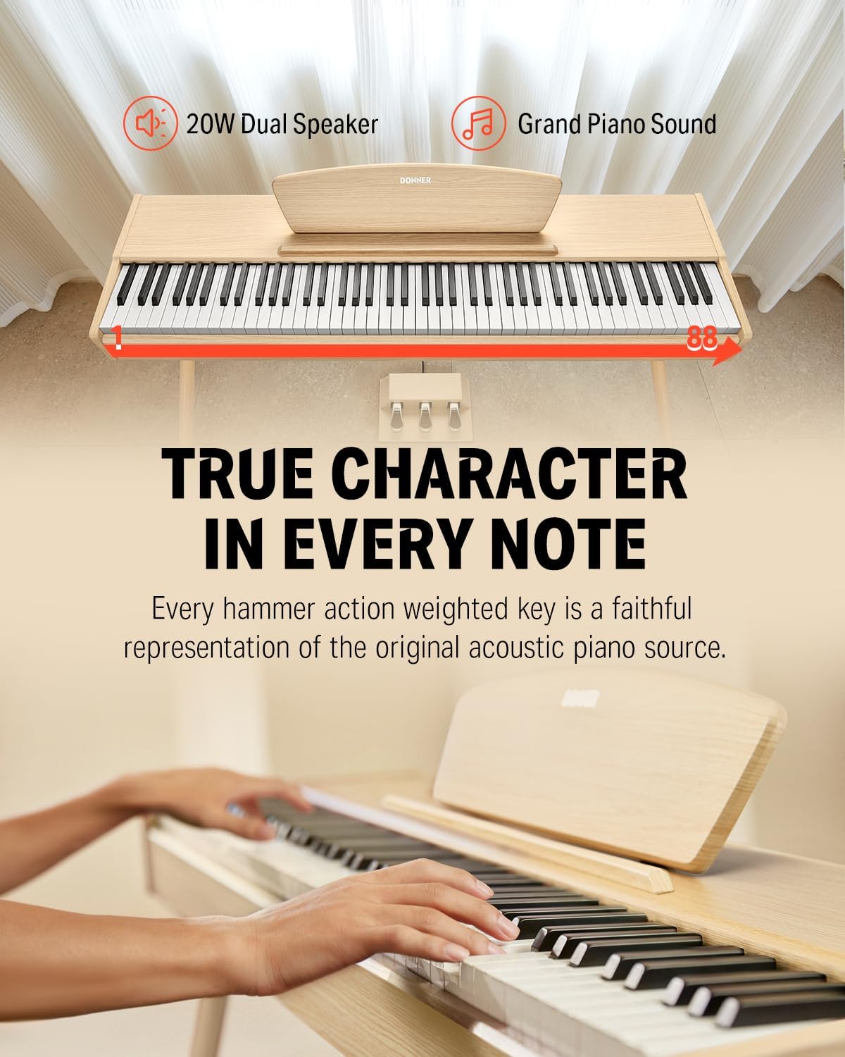 Donner DDP-80 E-Piano 88 Tasten Gewichtet Klavier, Hammermechanik II, Home Digital-Pianos Volle Größe Keyboard mit Ständer, Dreifach-pedal, USB-MIDI und Kopfhöreranschluss