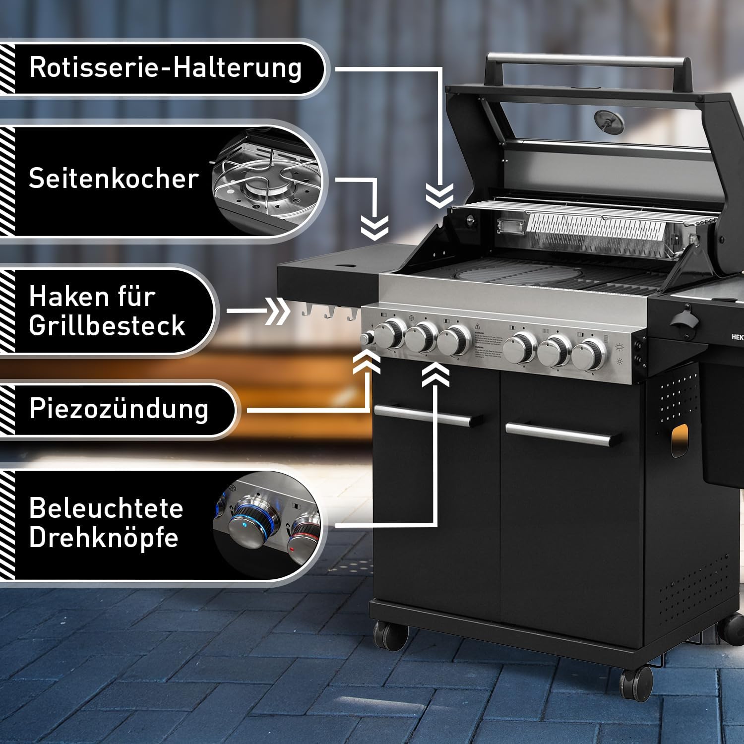Feuergott Gasgrill Hektor 4B-S Edelstahl Gasgrillstation 4 Brenner, Infrarot Sear-Brenner, Gusseisen-Grillrost, Heckbrenner, Seitenkocher und Kochplatte Inkl. Abdeckhaube für Garten, Terrasse